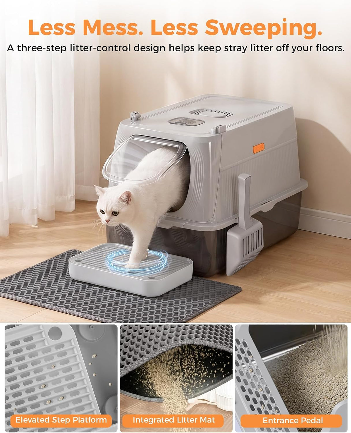 GTPLAYER XL Stainless Steel Cat Litter Box with Lid, High Sided Enclosed Cat Litter Box, Activated Carbon Odor Control, Extra Large Metal Litter Box, Anti-Leak, with Mat & Step, Slate Gray