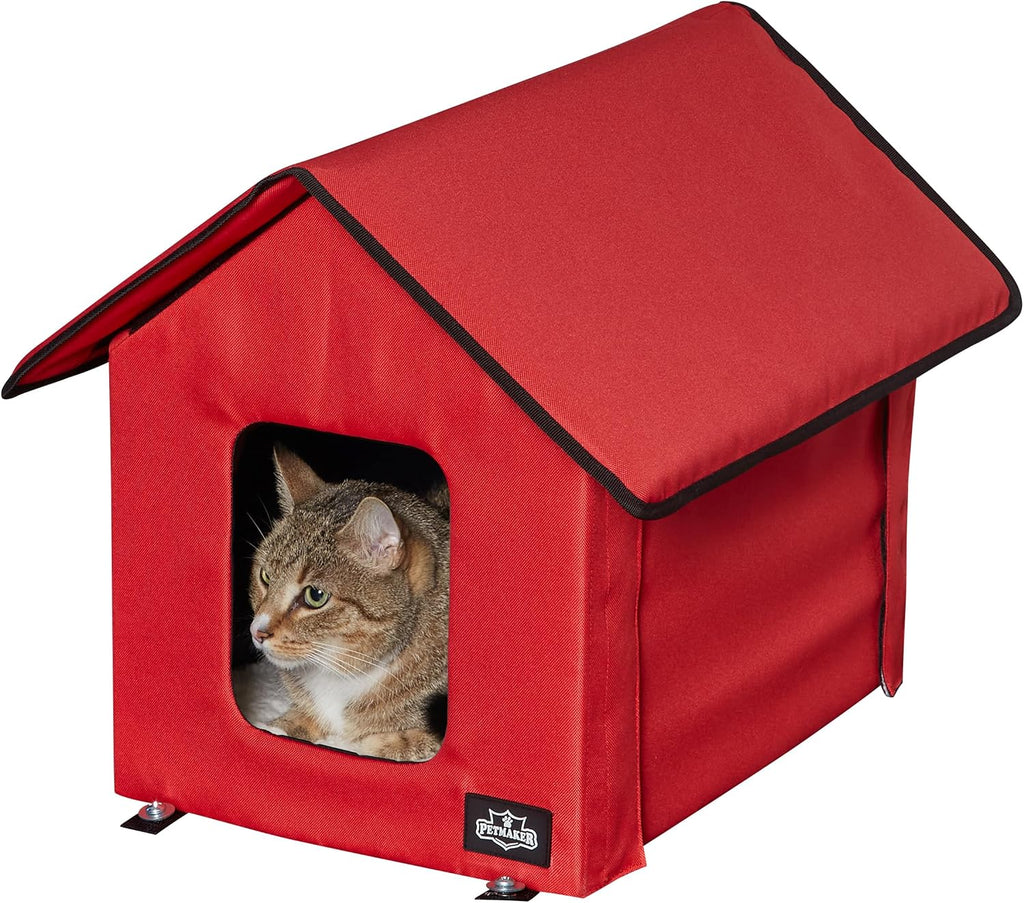 Heated Cat House - Double-Door Cat Bed with Zippered Roof, Pet Heating Pad, and Sherpa Cover - for Garage, Porch, Barn, or Basement by PETMAKER (Red)