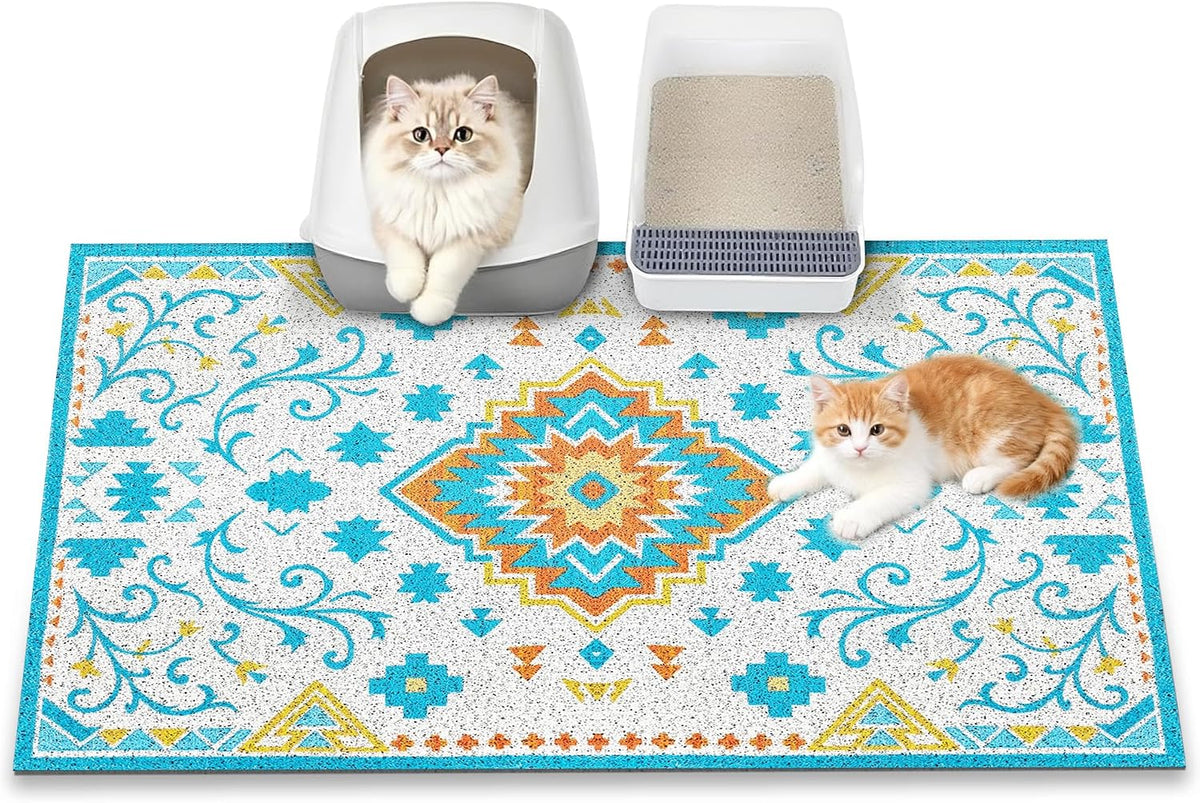 Cat Litter Mat, 35" x 23" Litter Box mat, Traps 100% Litter, Non-Slip Kitty Litter Trapping mats, Large Cute Litter mat, Easy Clean for Scatter Control, Bohe cat Food mat, Urine Waterproof | Traps 100% Litter, Cute litter mat for litter box, Soft on Ki...
