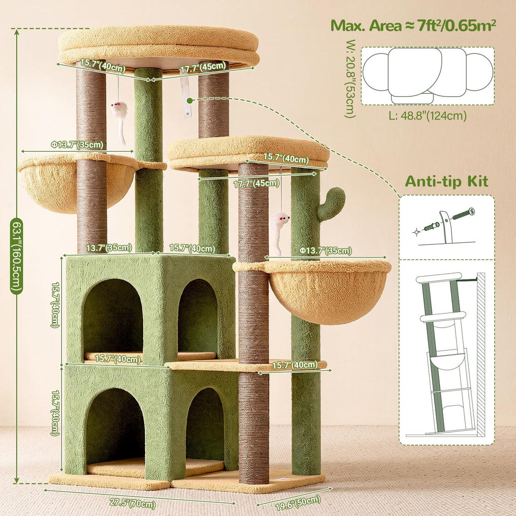 Globlazer Cactus Cat Tree Tower for Indoor Cats Large Adult, S63, Green