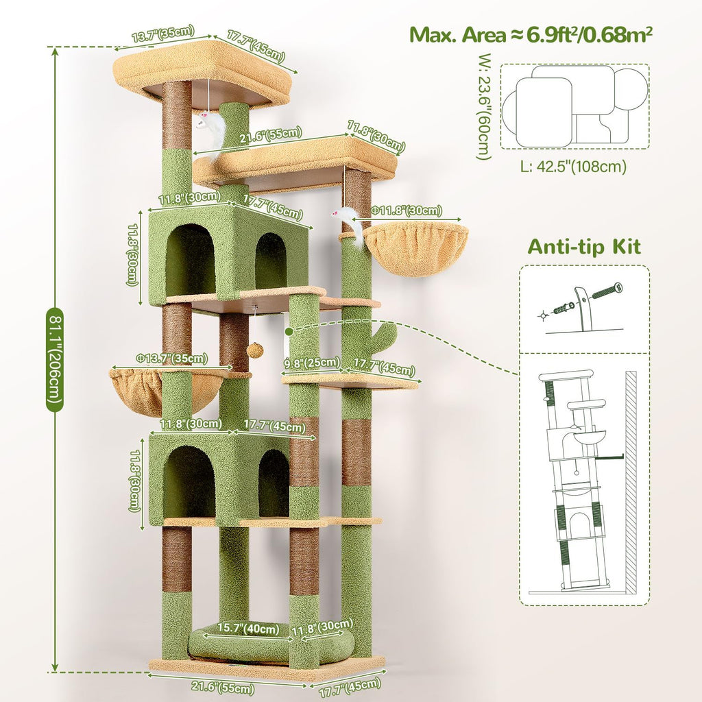 Globlazer Sturdy Extra Large Cactus Cat Tower for Indoor Cats, S81C, Green