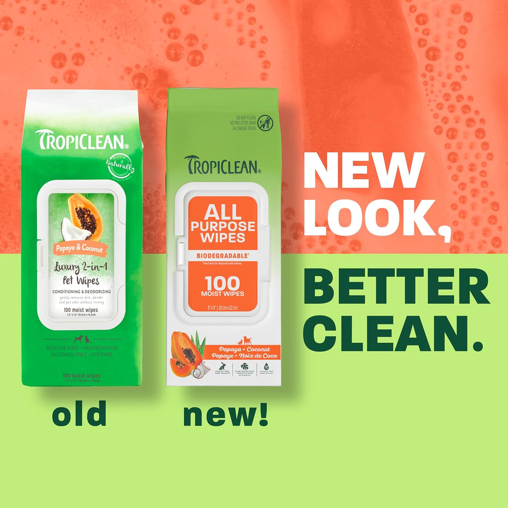 TropiClean Papaya & Coconut Luxury 2-in-1 Pet Wipes, 100ct - Wipes for Dogs & Cats - Gently Removes Dirt, Dander & Smells - for Pet Paws, Face, Body & Bottom - Tropical Papaya & Coconut Scent 