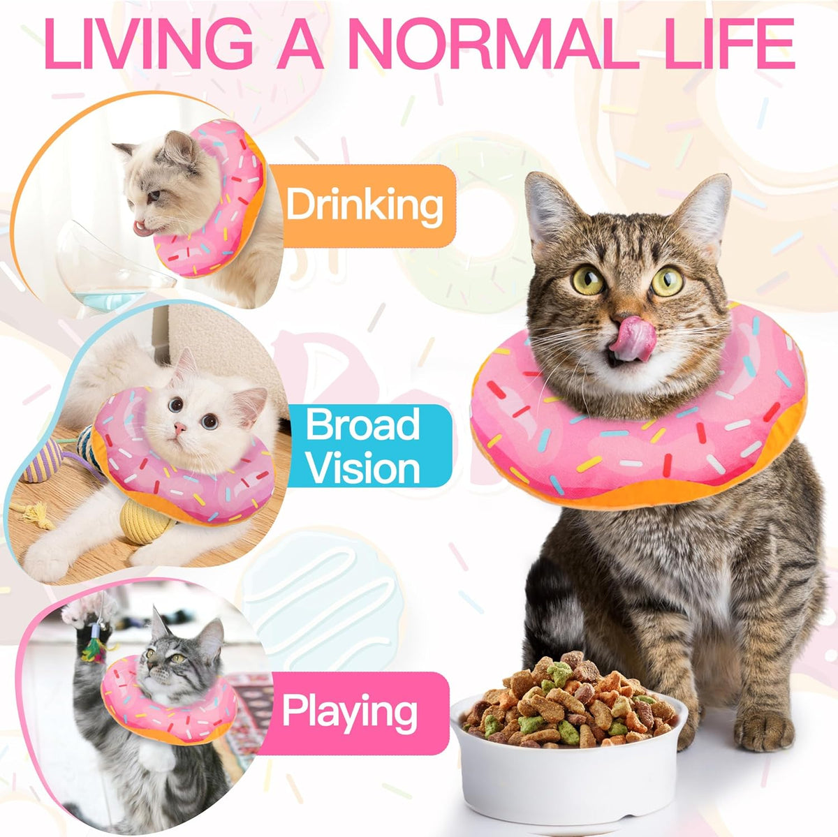 Cat Cone Collar Soft, Cute Cat Donut Collar After Surgery, Adjustable Kitten Recovery Cones to Stop Licking, Lightweight Neck Elizabethan Collars for Cats Kittens (Pink, Large)