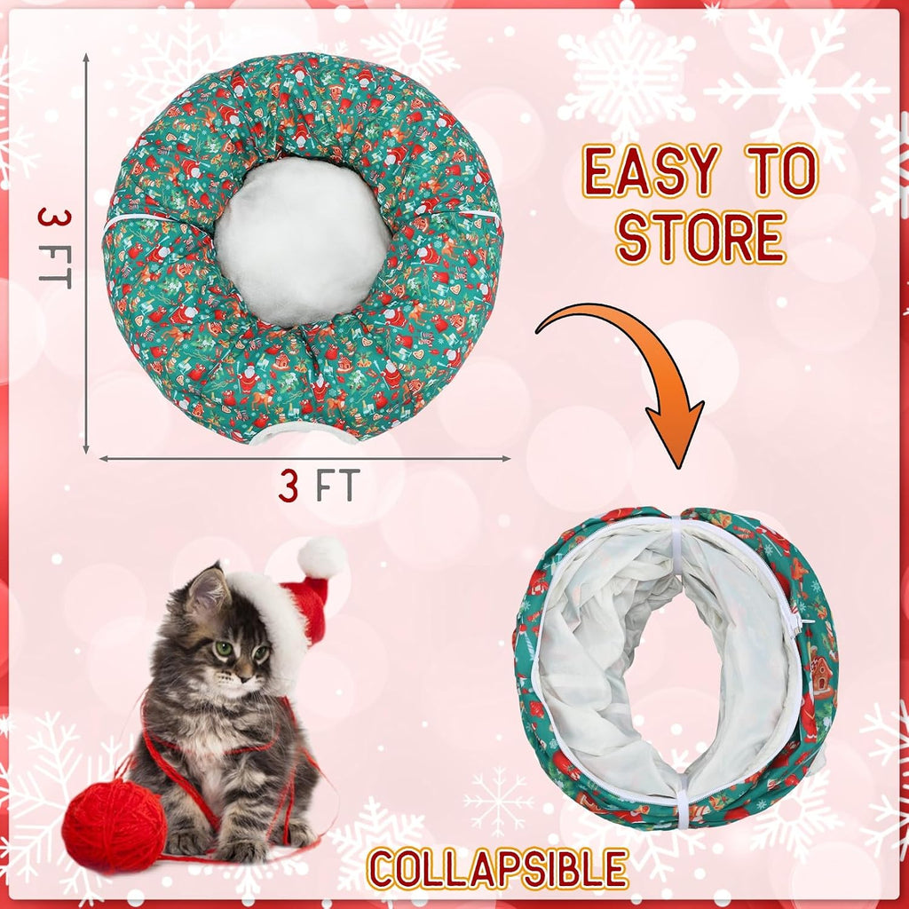 Christmas Cat Tunnel Bed Under Tree Plush Cave Toy, Santa