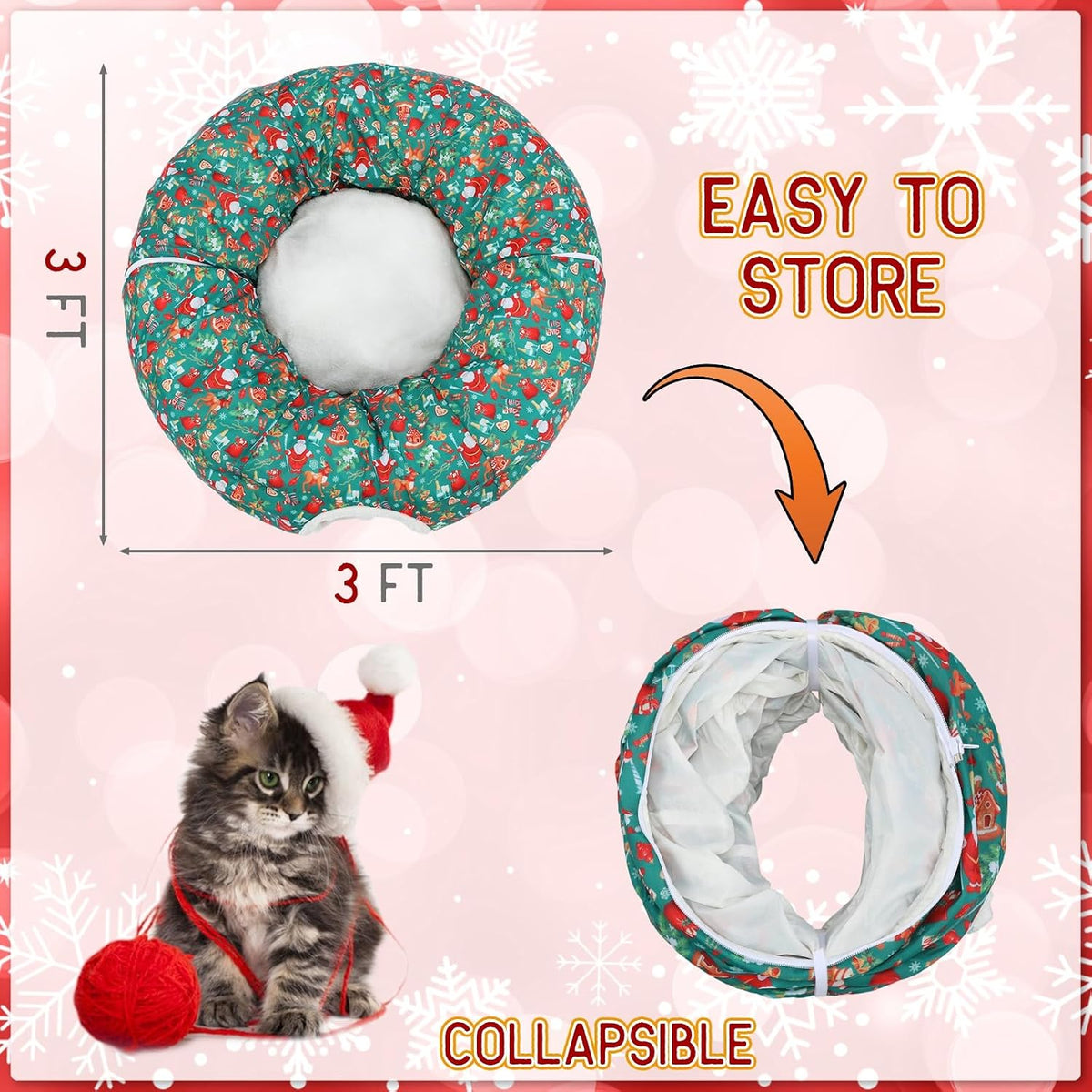 Christmas Cat Tunnel Bed Under Tree Plush Cave Toy, Santa