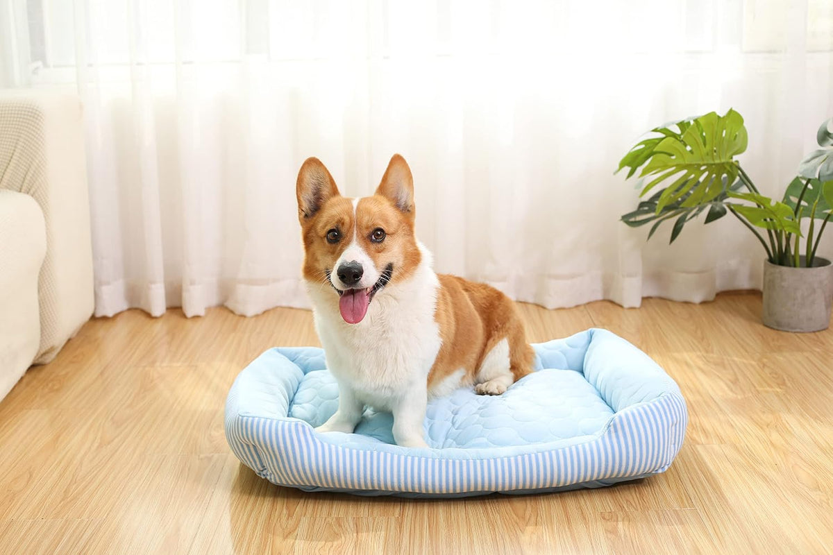 Cooling Dog Bed for Large Medium Small Dogs, Breathable Dog Cooling Mat with Self Cooling Ice Silk Fabric, Washable Summer Pet Bed for Indoor Outdoor, Blue Small