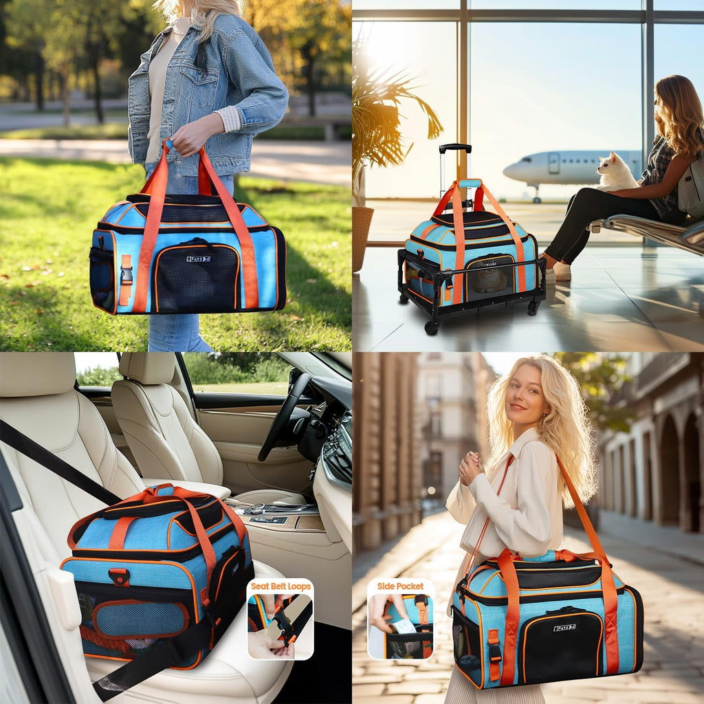Petskd Top-Expandable Pet Carrier with Wheels Airline Approved, Blue
