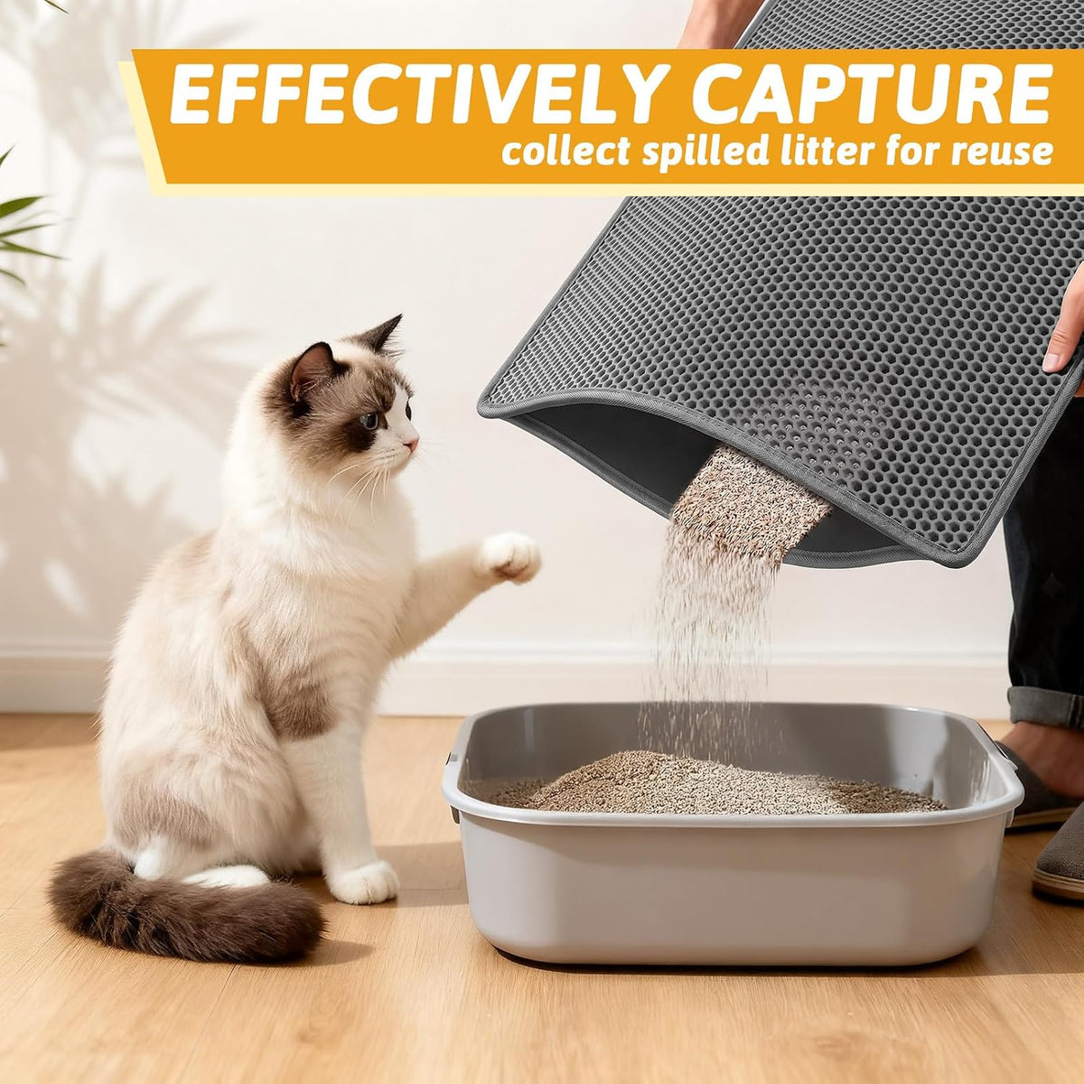Pieviev Litter Box Mat, Double-Layer Urineproof Design, 30" x 24" Gray | Honeycomb Litter Trapping Mat Captures Scattered Particles to Stop Tracking, Waterproof Base Protects Floors, Easy to Clean