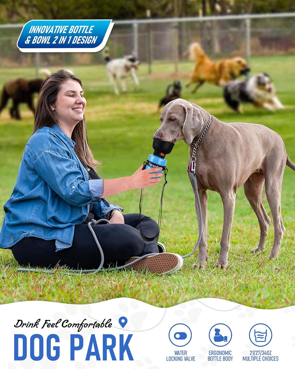 Lesotc Dog Water Bottle, Portable Water Dispenser with Bowl, Leak Proof Pet Travel Squeeze Bottle, Puppy Essentials Dog Stuff Accessories for Outdoor Walking, Hiking, Camping, Blue 