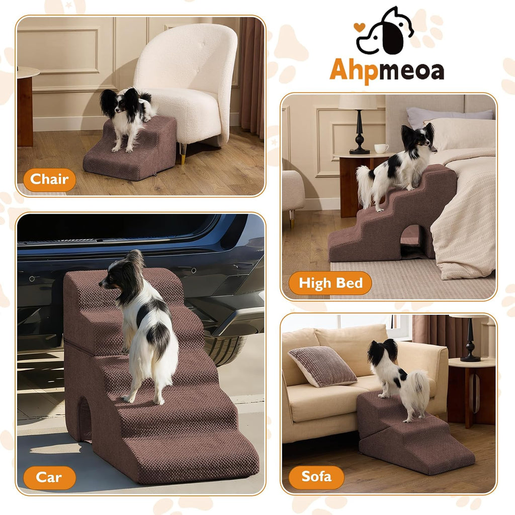 Ahpmeoa Dog Stairs for Small Dogs 16’’ H, 3-Step Dog Steps for Bed, Brown