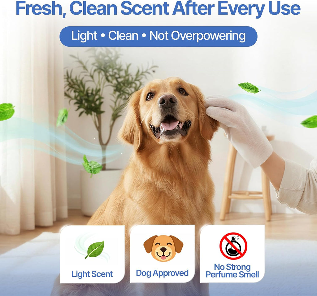 Pet Cleaning Glove Wipes for Dogs & Cats - Hypoallergenic Coconut Infused No-Rinse Dog Washing Gloves - Deodorizing Grooming Mitts - Puppy and Cat Cleaning Wipes - 20 Count