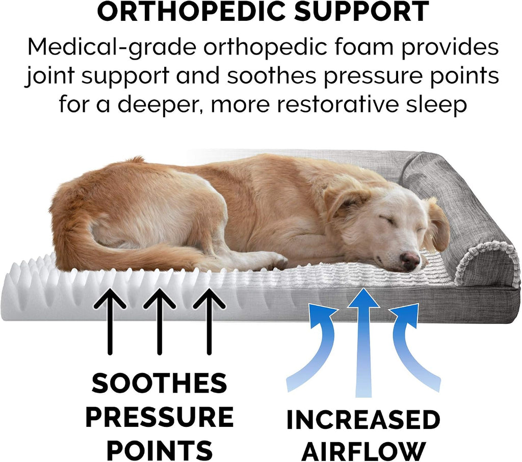 Furhaven Orthopedic Dog Bed for Medium/Small Dogs w/ Removable Bolsters & Washable Cover, For Dogs Up to 35 lbs - Luxe Faux Fur & Performance Linen Sofa - Charcoal, Medium