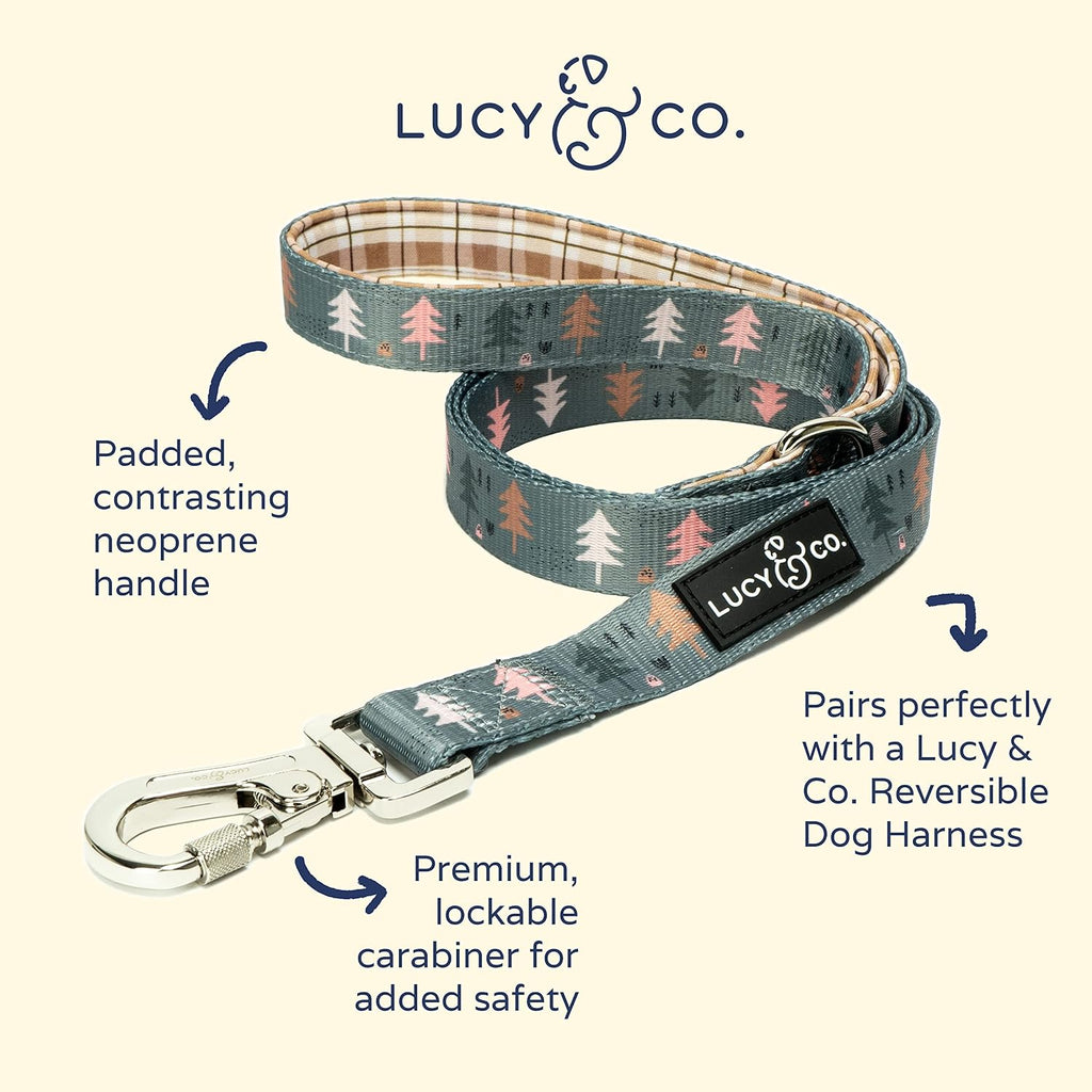 Lucy & Co. Designer Dog Leash - Pet Accessories - Thick Dog Leash - Padded Handle for Comfort - Purple with Green Floral - 5 Foot (Neutral Brown Plaid Blue Trees, Large)