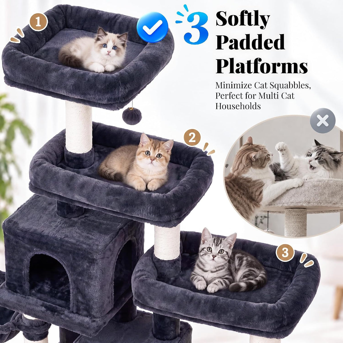 Hey-brother Cat Tree Tower with Stable Extended Base, 3 Platforms, MPJ038G