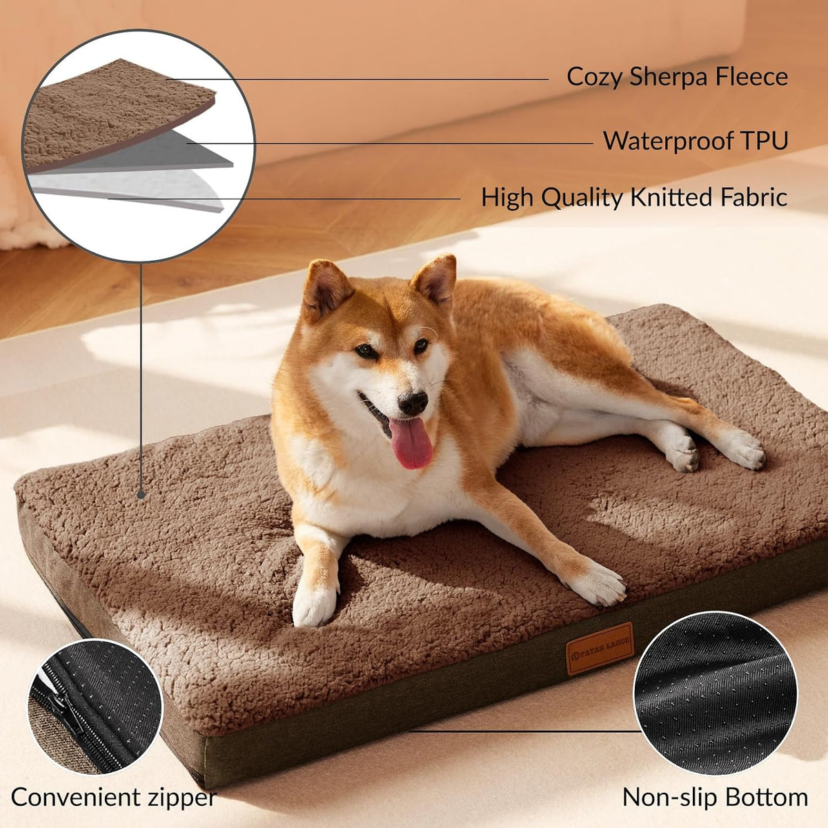 Patas Lague Orthopedic Large Dog Bed Washable Pet Sofa Mat 42''X28'' Brown
