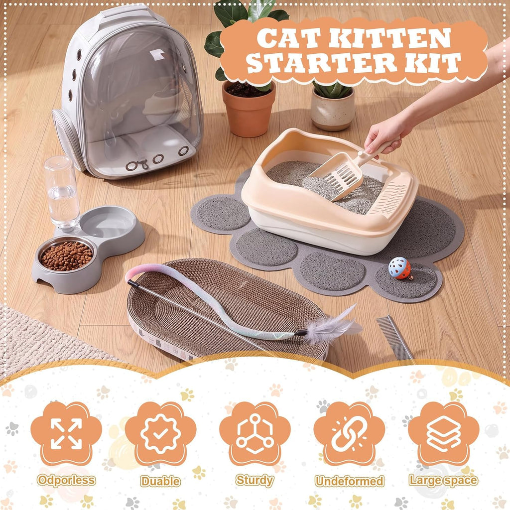 8 Pcs Kitten Supplies Starter Kit Cat Starter, Backpack, Gray