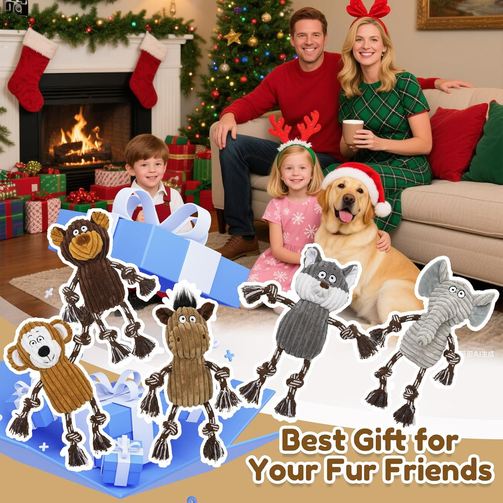 5 pack Large dog Squeaky Toys,Tough Stuffed Plush dog chew Toys Assortment ,Durable plush Animal dog Toys with Tug of War Rope to Keep Them Busy, Puppy Toys Value Bundle for Small Medium Large Dogs