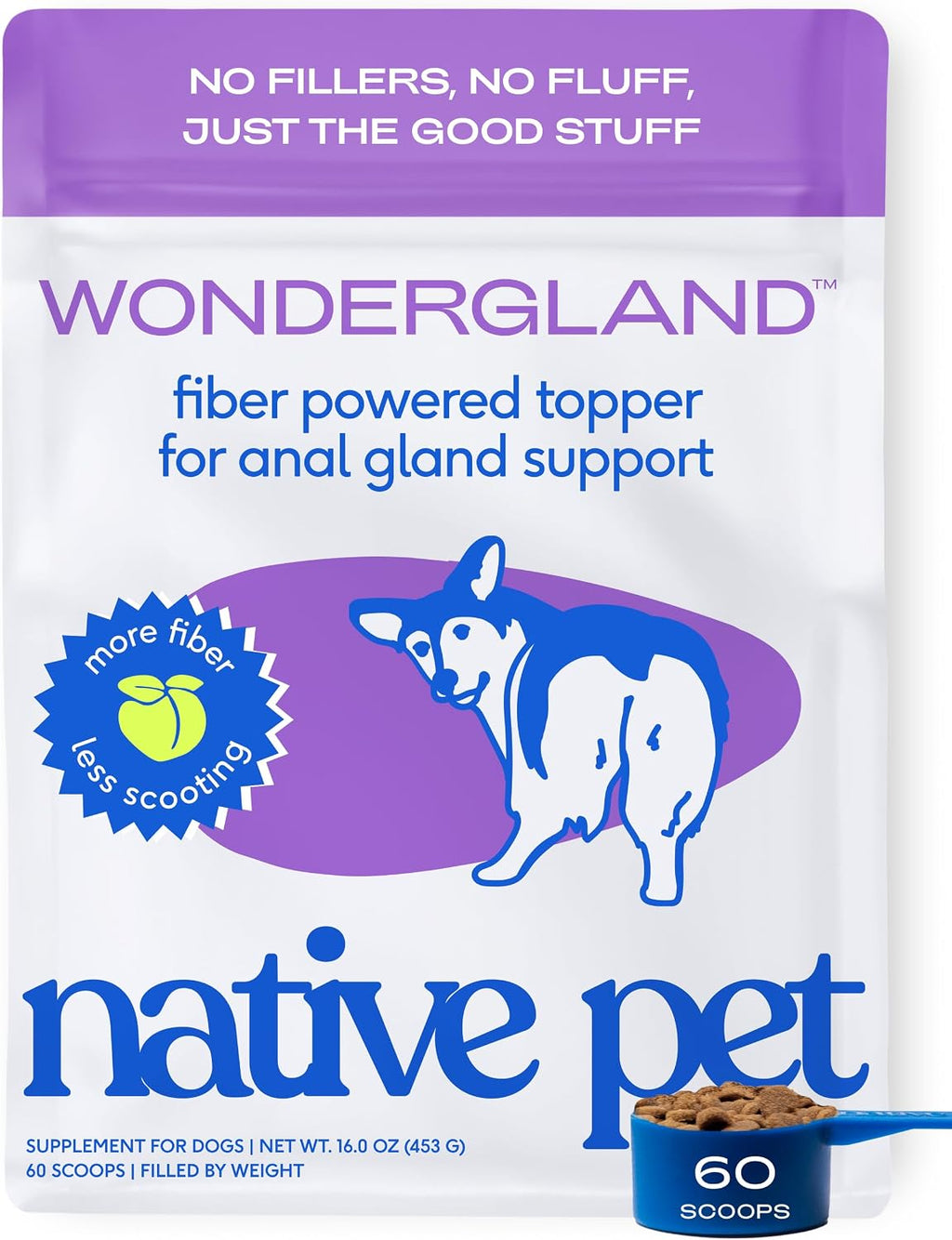 Native Pet WonderGland - Dog Anal Gland Supplement - Promotes Firm Stools, Natural Gland Expression to Help Reduce Scooting - Fiber Food Topper with Miscanthus Grass, Pumpkin & Probiotics - 60 Scoops