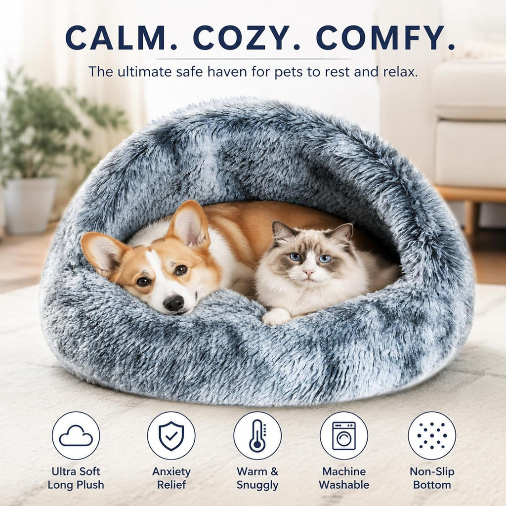 Large Cat Cave Bed for Indoor Cats & Small Dogs, Covered Pet Bed House, Semi-Enclosed Cat Bed with Non-Slip Bottom, Cozy Calming Pet Cave, Machine Washable Dog and Cat Bed, 25.5 Inch (25.5")