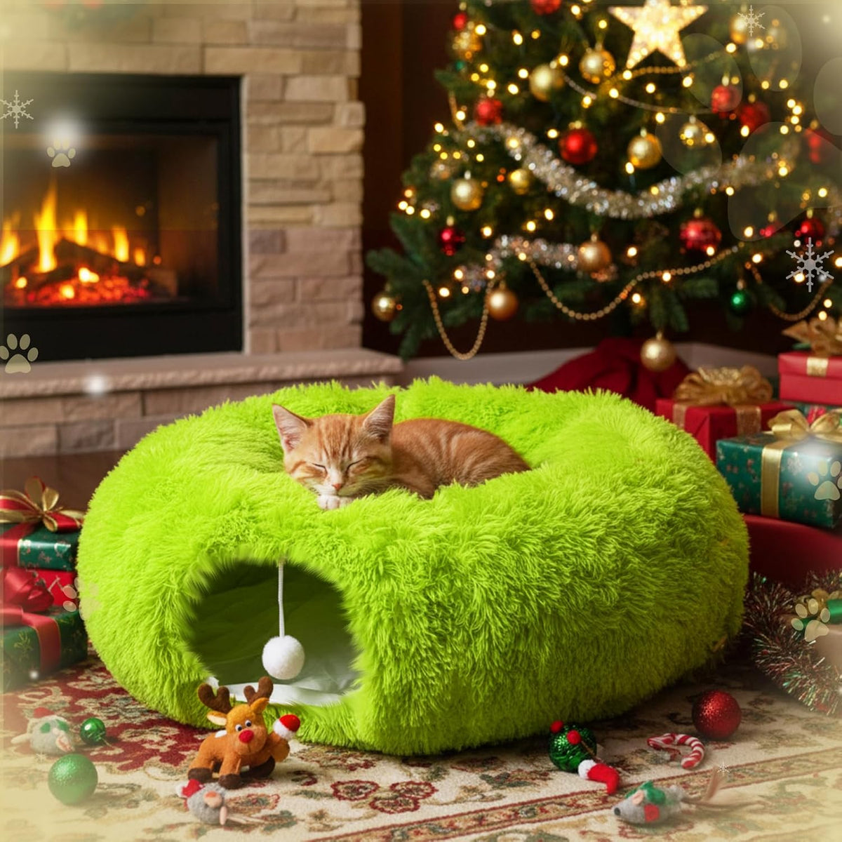 Thyle Christmas Cat Tunnel Bed, Green, 3ft X 3ft X 9.8in, Plush