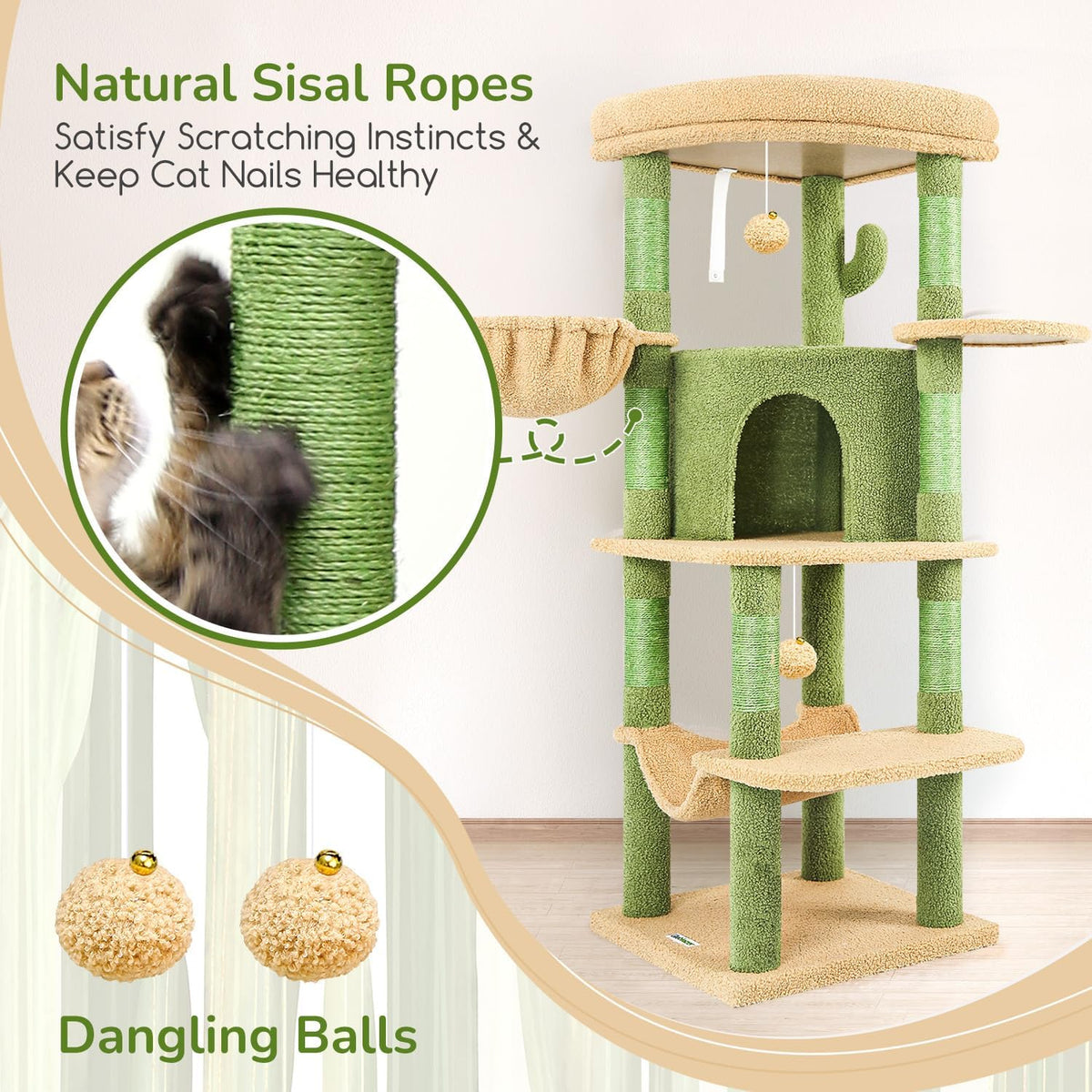 Globlazer Cactus Corner Cat Tree Tower with Scratching Post, C51, Green