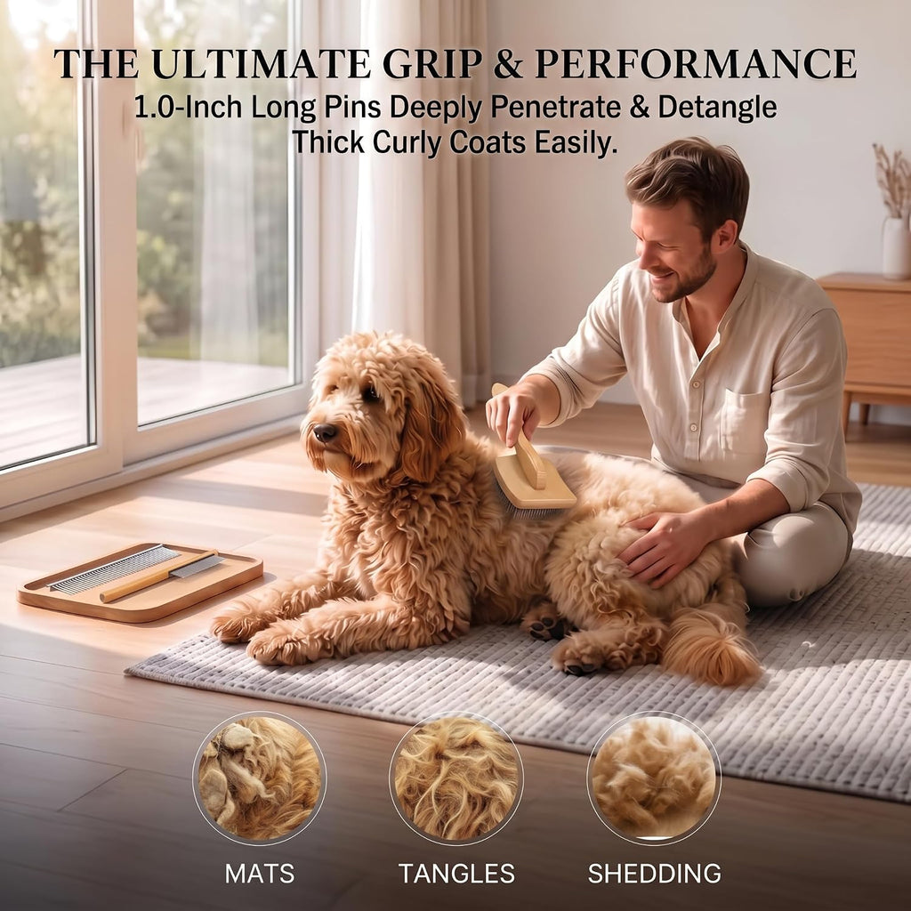 3-in-1 Long Pin Slicker Brush Set, Pet Grooming Kit, Natural Wood
