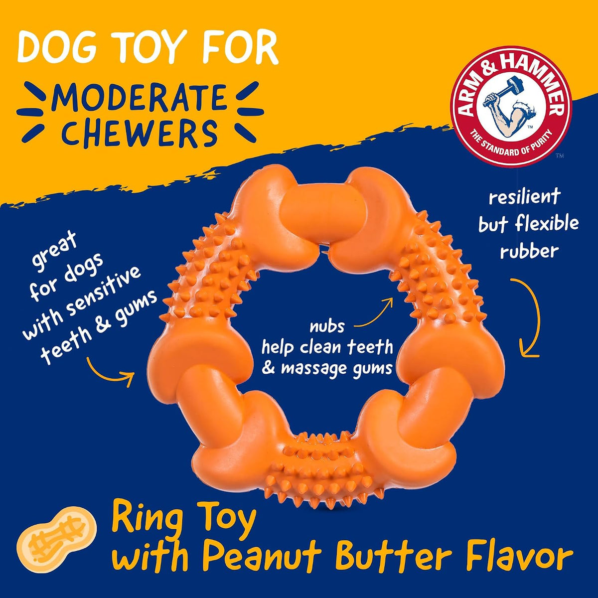 Arm & Hammer Nubbies Rubber Ring Dog Dental Chew Toy, Peanut Butter | Baking soda infused, no-stuffing design, reduces plaque and tartar buildup, for moderate chewers daily