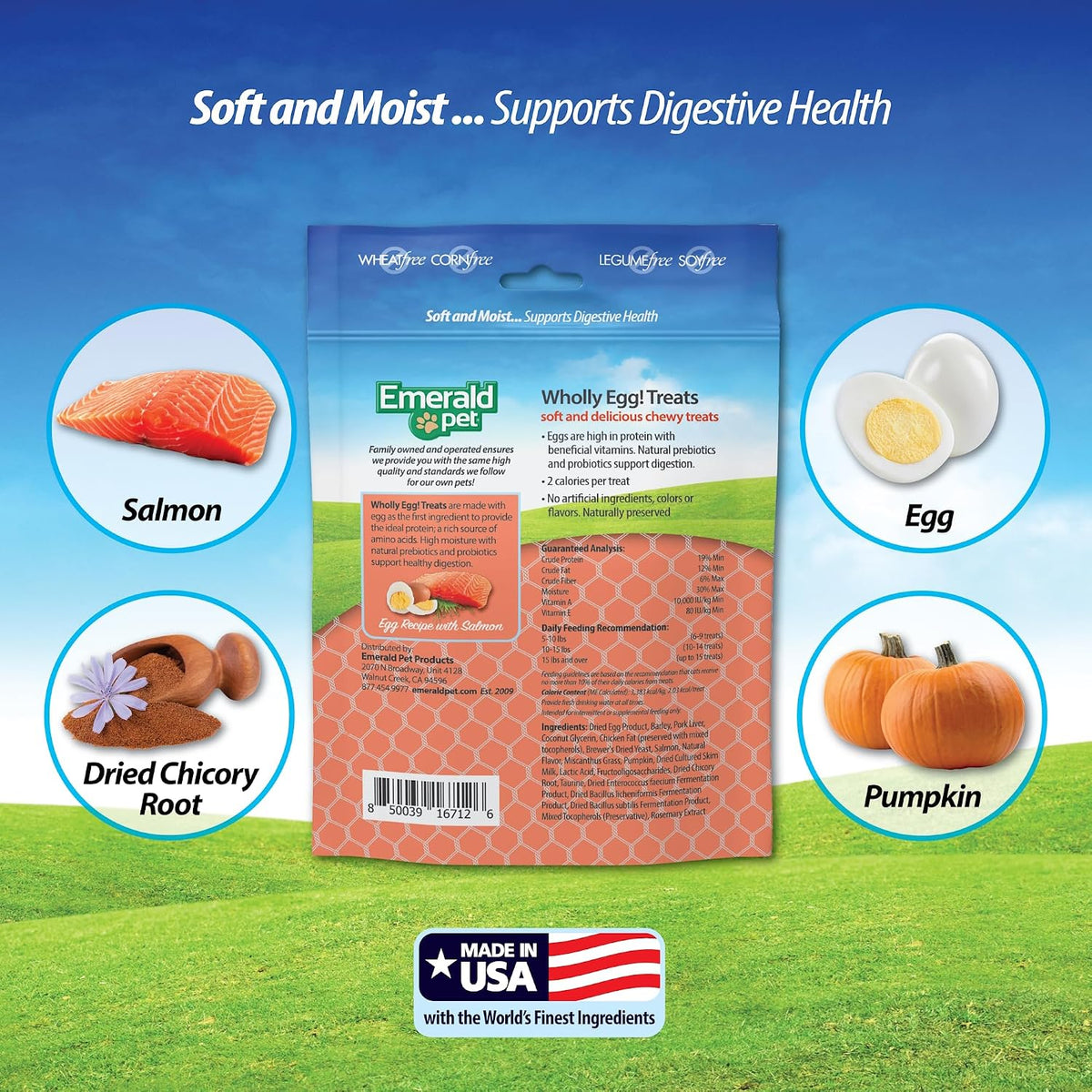 Emerald Pet Wholly Egg Cat Treats for Digestive Health – Soft & Moist Salmon Cat Treats with Natural Prebiotics & Probiotics – Supports Gut Health, 2.5 oz