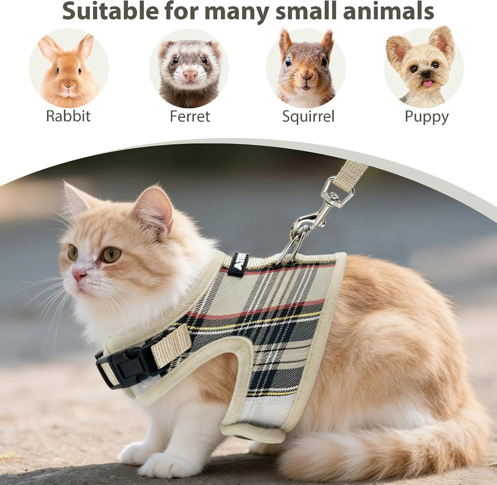 AIITLE Plaid Adjustable Cat Harness and Leash Set Escape Proof, Beige L