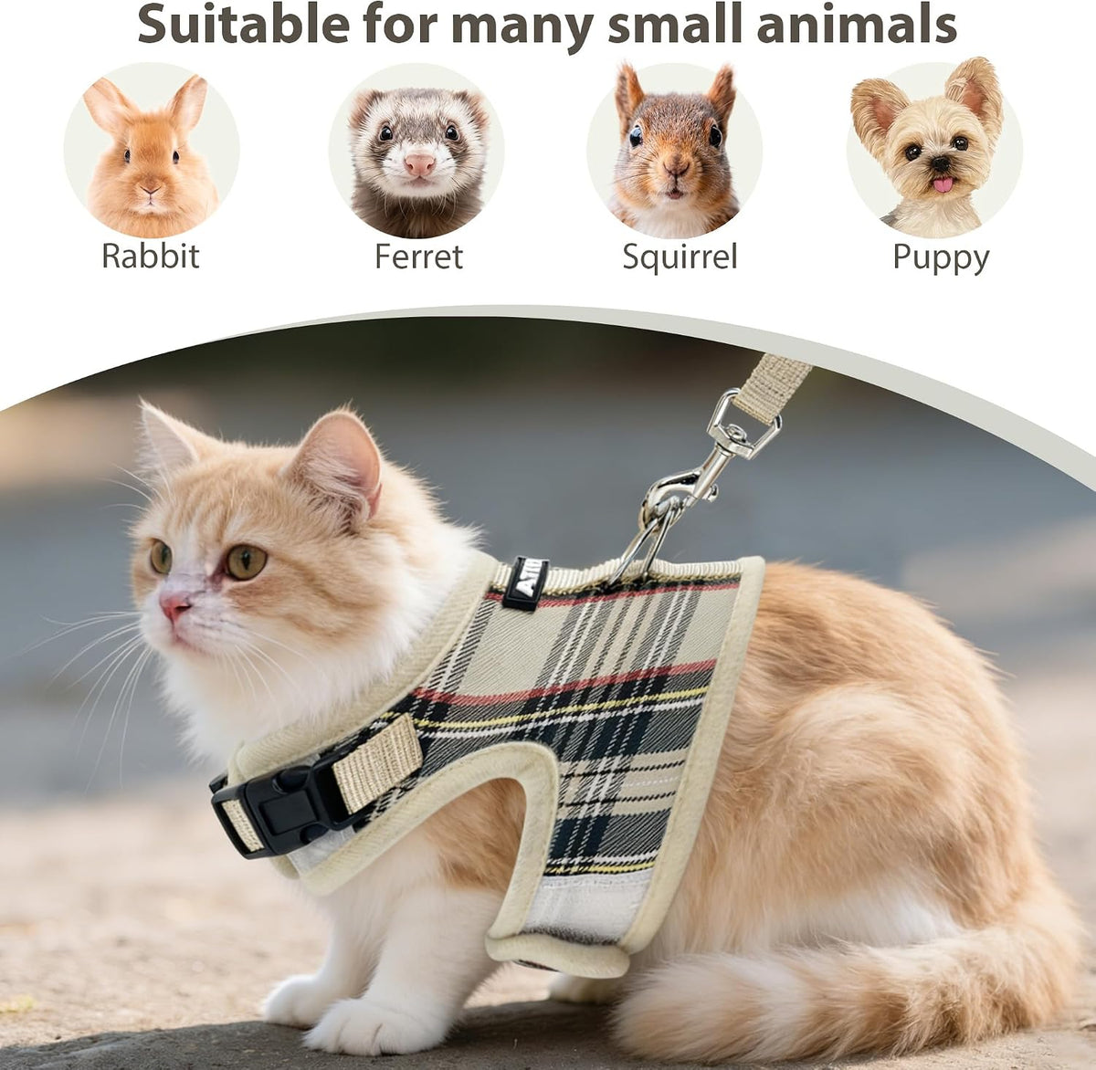 AIITLE Plaid Adjustable Cat Harness and Leash Set Escape Proof, Beige L