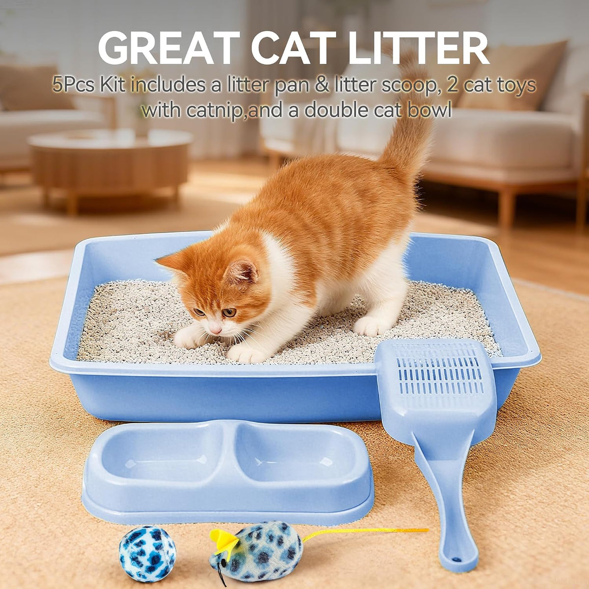 PAWISE Newborn Kitty Litter Box Set 5-Pieces - Shallow Cat Litter Pan, Cat Litter Scooper, Feeding Bowls, Kitten Starter Kit Mouse Toy, 14.5x10.5 Inches, Blue