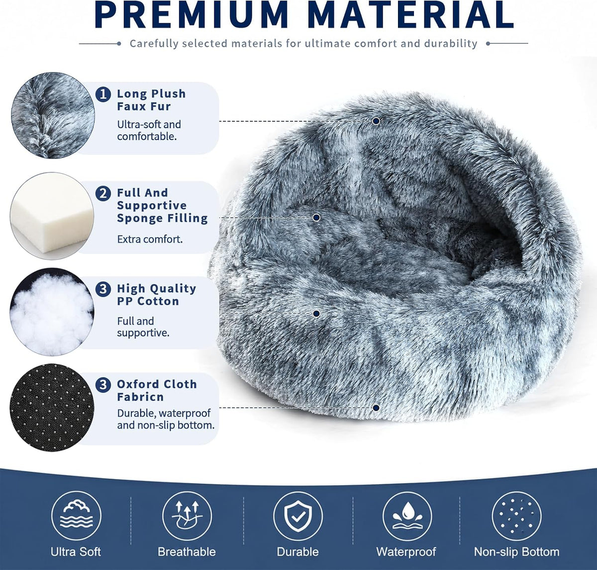 Calming Cat Cave Bed with Hooded Cover, Faux Fur, Round, Removable Washable, Anti-Slip, for Small Medium Pets (16")