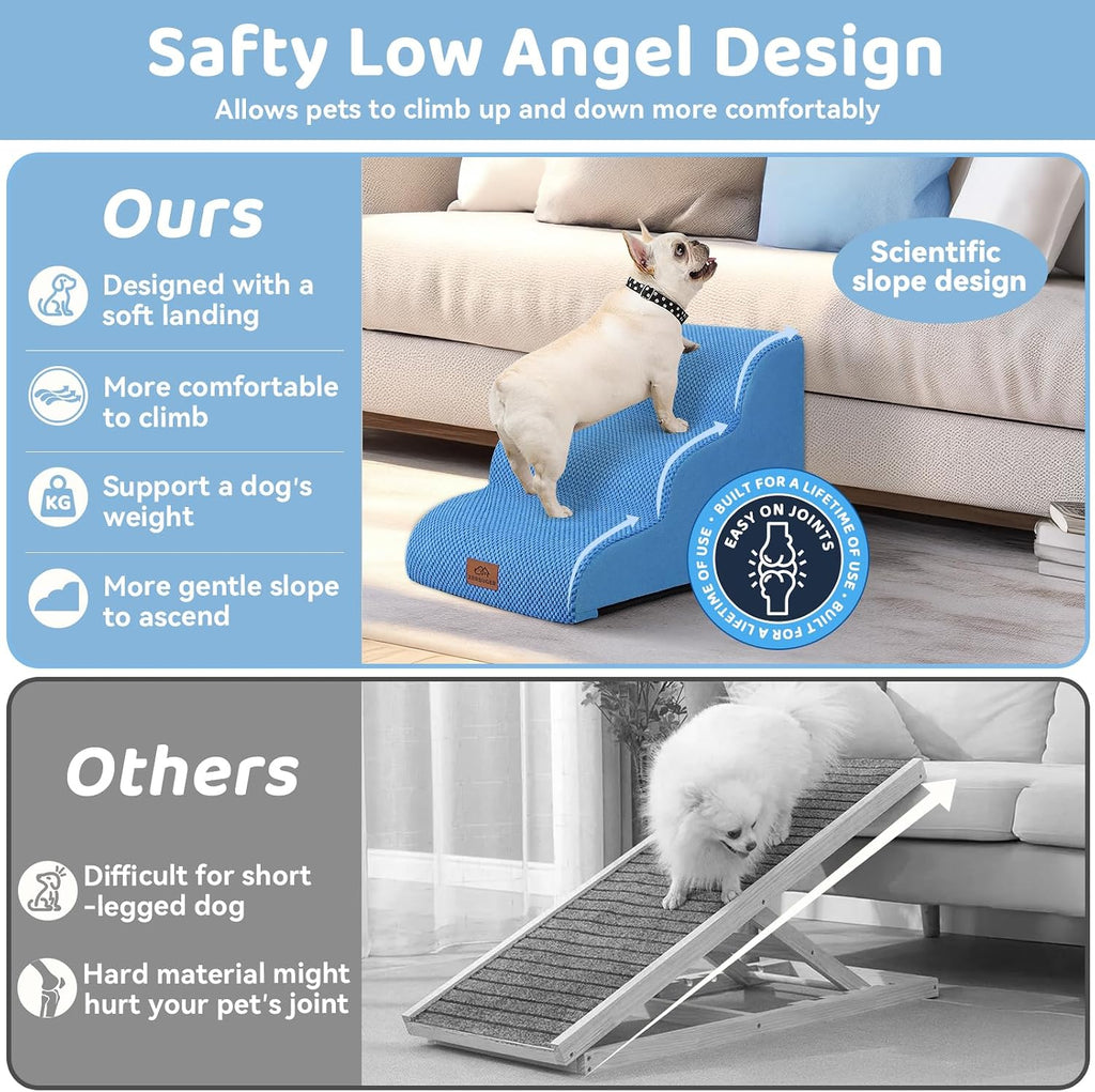 Zerbuger Dog Ramp and Stairs for Bed, Blue 3 Steps 16" H, Nonslip Cover
