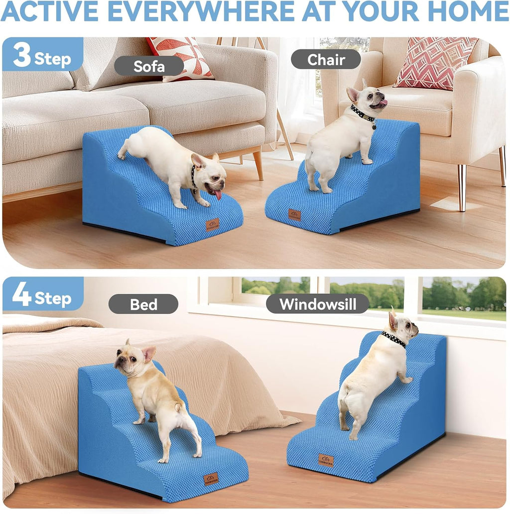 Zerbuger Dog Ramp and Stairs for Bed, Blue 3 Steps 16" H, Nonslip Cover