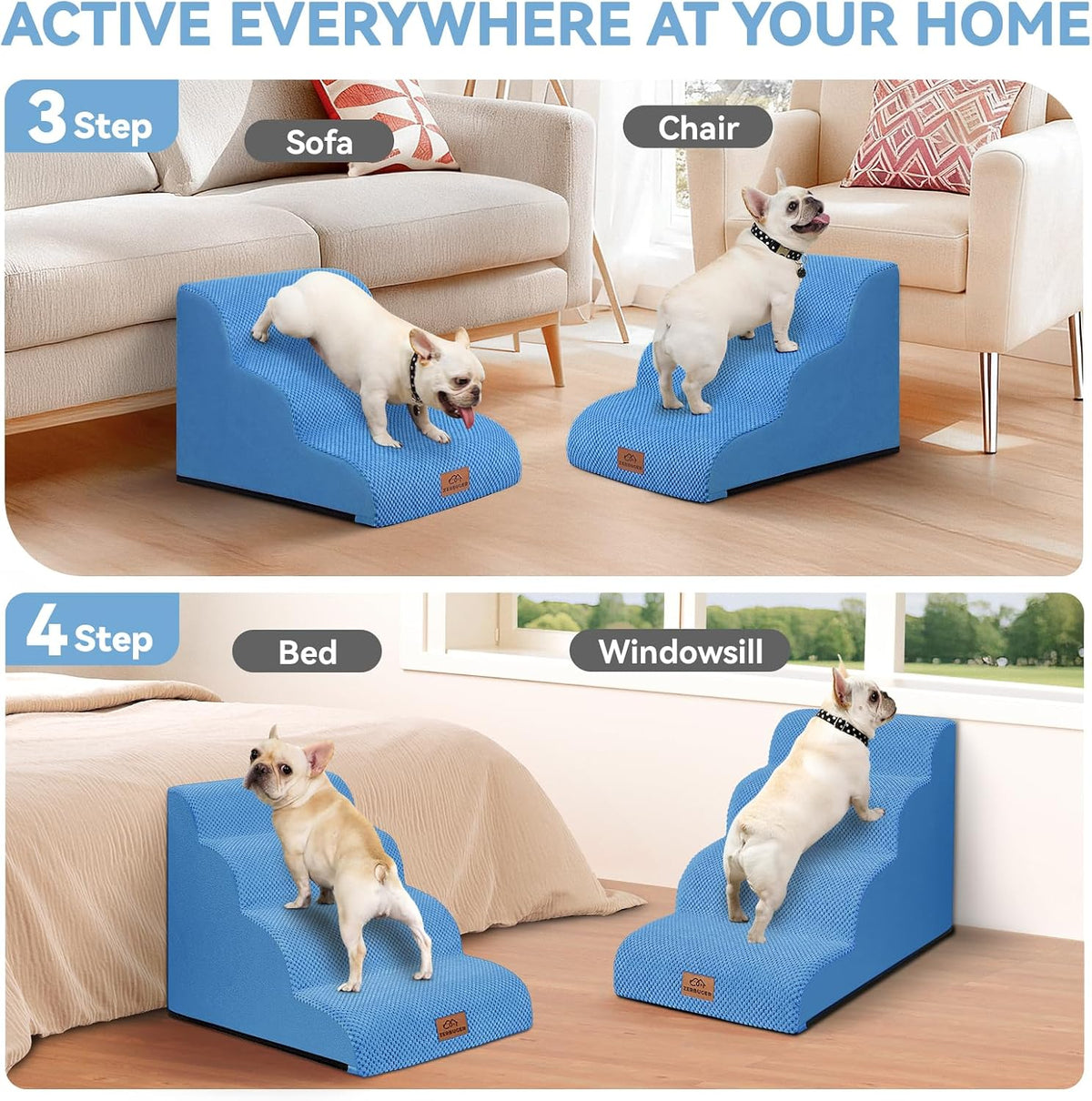 Zerbuger Dog Ramp and Stairs for Bed, Blue 3 Steps 16" H, Nonslip Cover