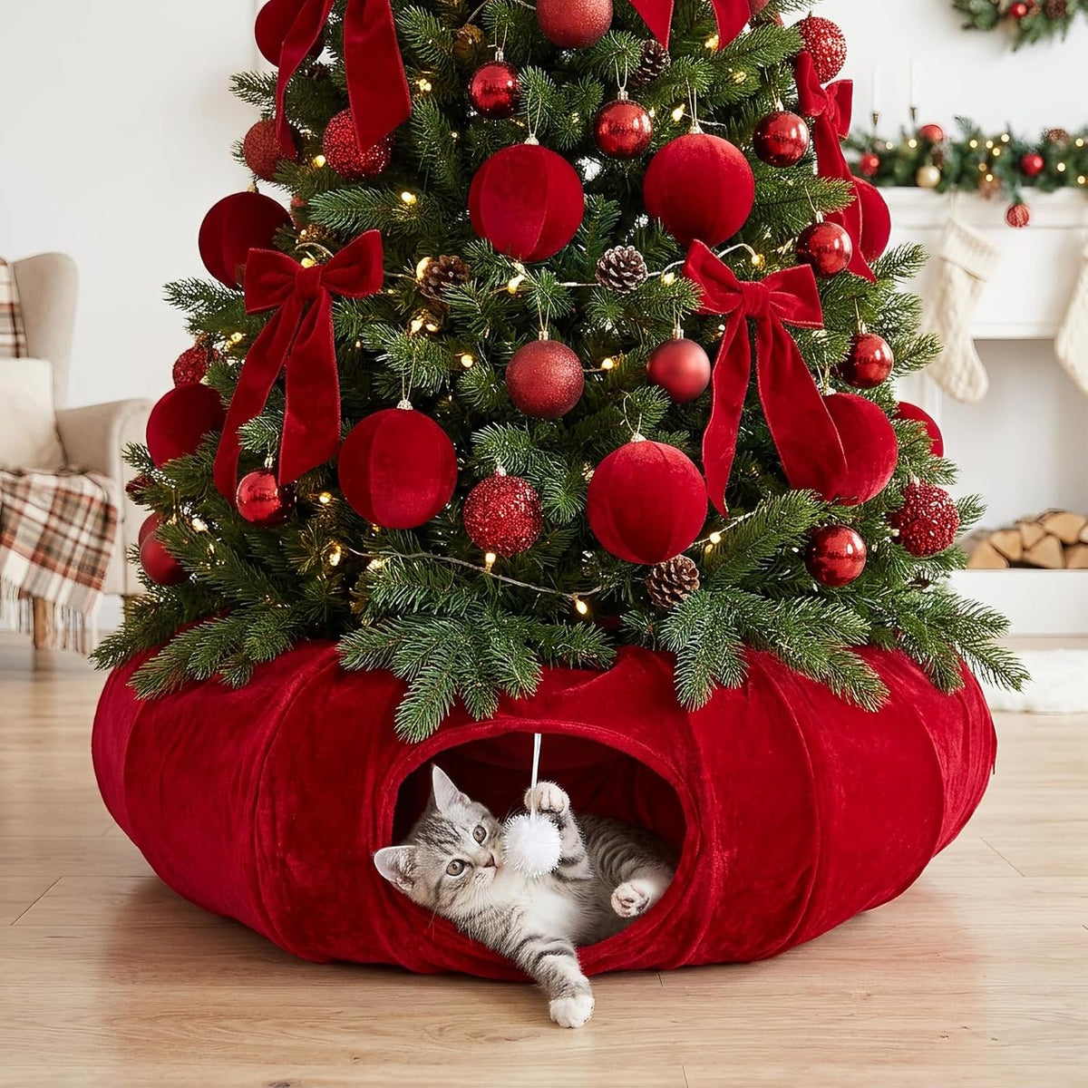 Thyle Christmas Cat Tunnel Bed, Burgundy, 2.4ft X 2.4ft X 11.8in, Velvet