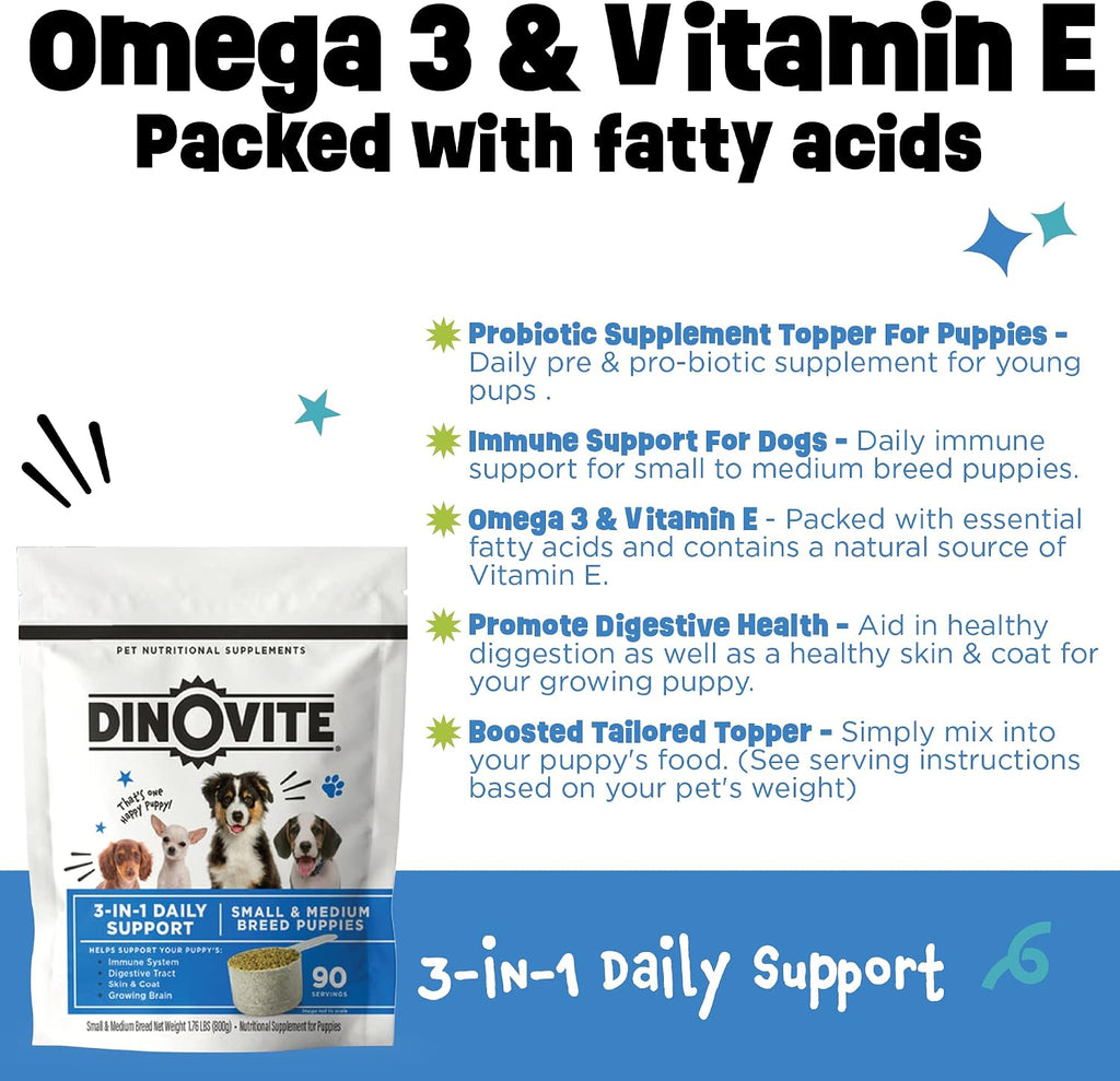 Dinovite Probiotic Food Topper for Puppies, Digestive Support, 90 Servings