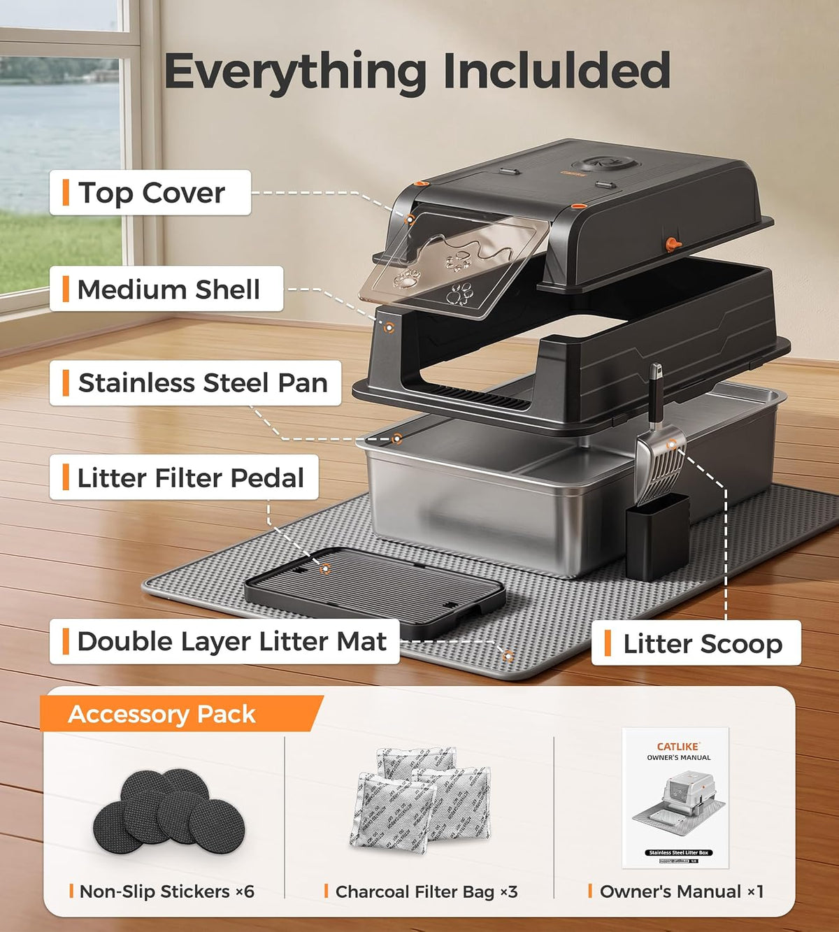 Catlike Upgrade XXXL Stainless Steel Cat Litter Box 3-Layer Leak-Proof | Oversized Real 152L Capacity Enclosed Design w/ Charcoal Filter for Maine Coon & Multi-Cat Homes, with Metal Scoop & XL Mat