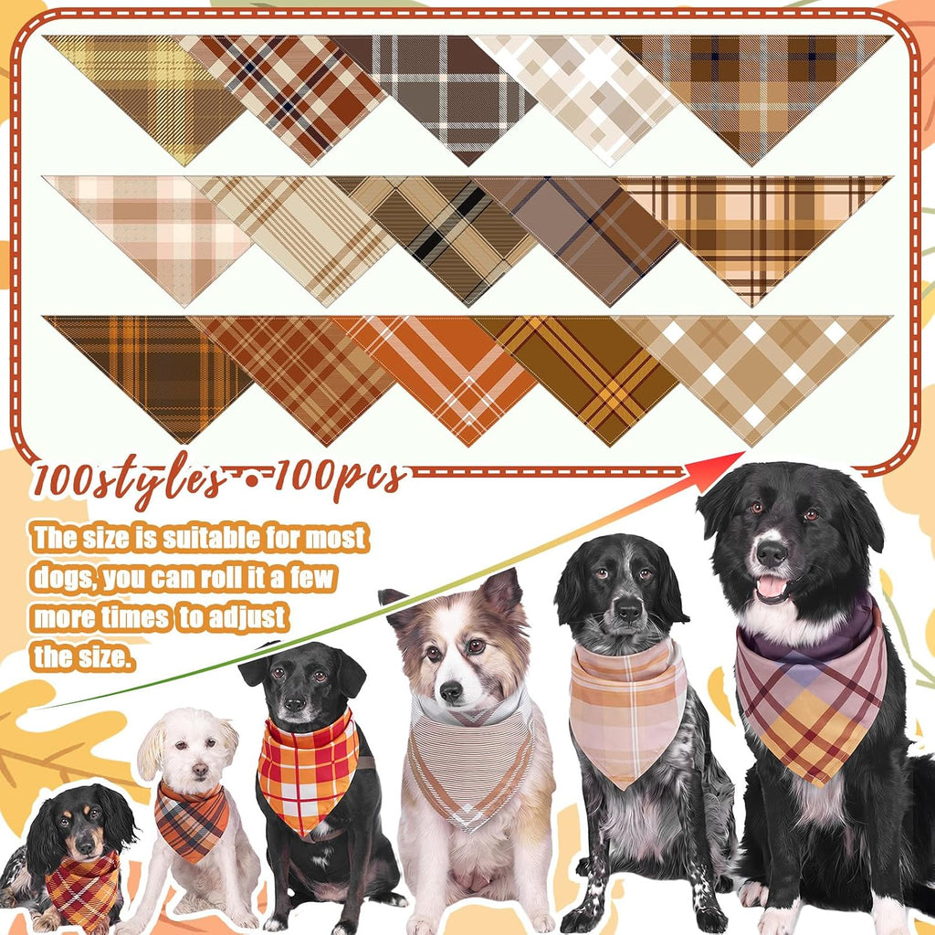 Huhumy 100 Pcs Fall Plaid Dog Bandanas Bulk Plaid Dog Bandanas Fall Decor
