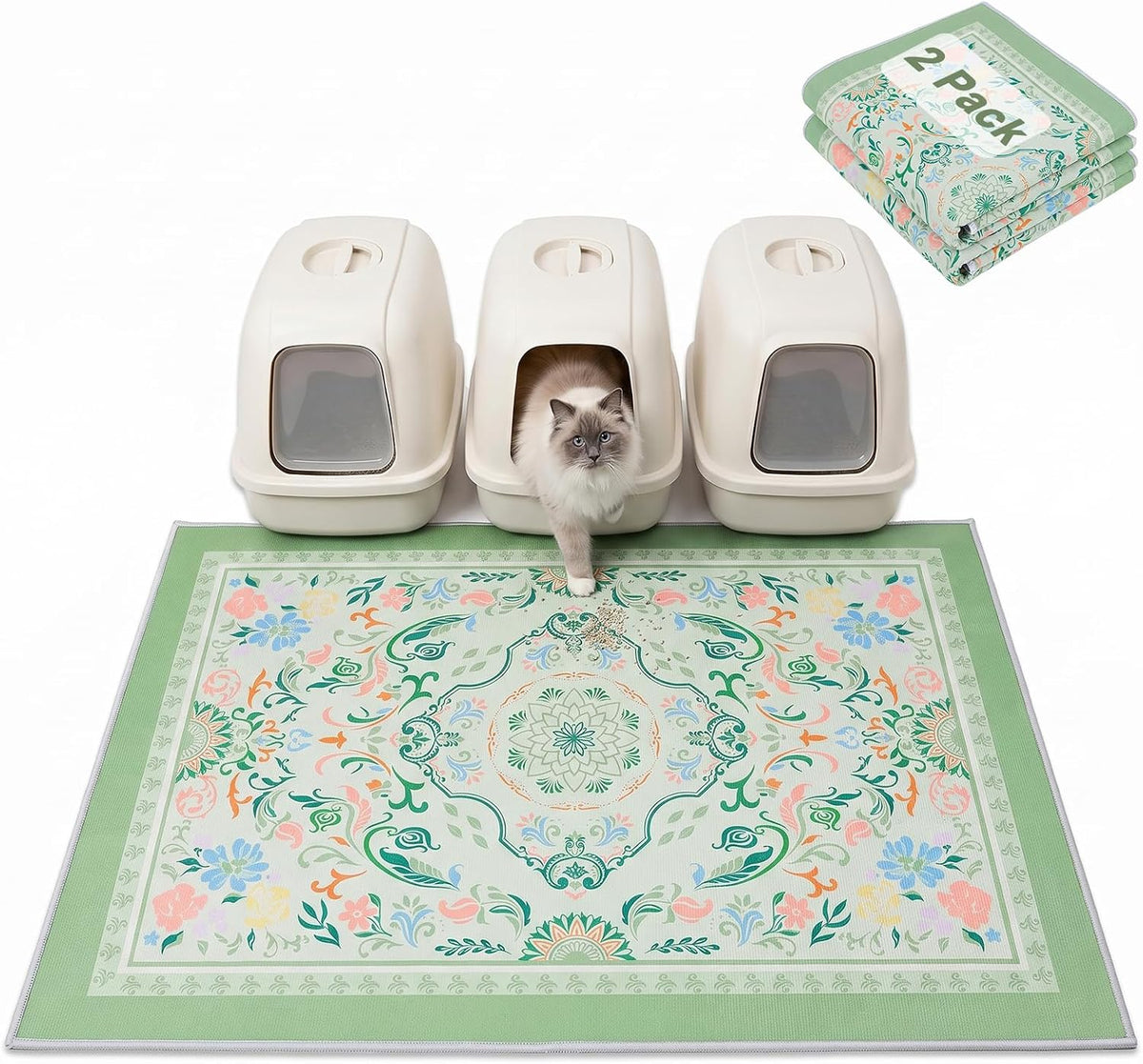 Bienbee Cat Litter Mat, 2 Pack 48" x 36" Machine Washable for Litter Boxes | Cat Litter Rug with Waterproof Backing, Non-Slip Grip and Soft On Kitty Paws to Catch Litter and Protect Floor