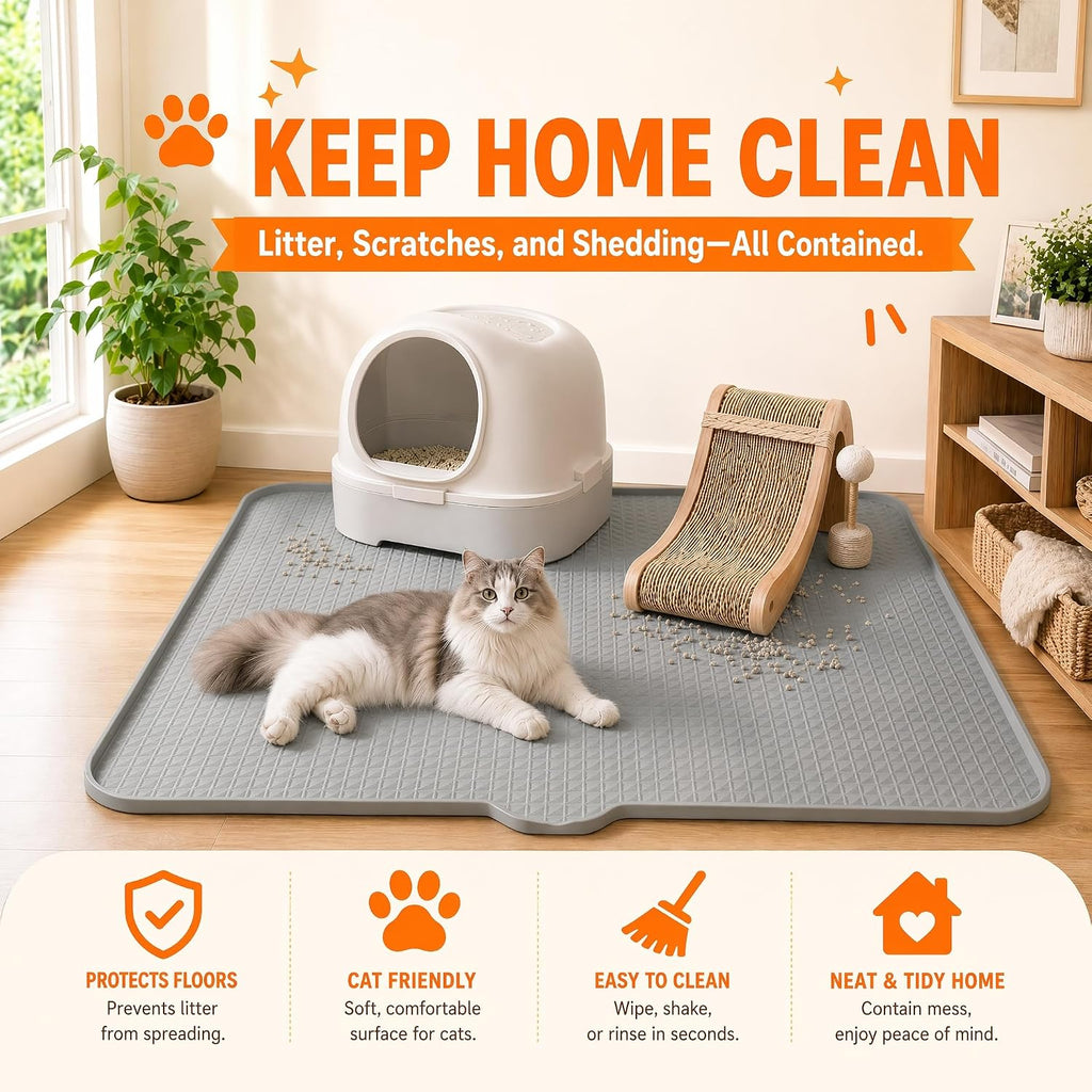 Cat Litter Mat, XL 40"x28" Silicone Litter Box Mat, Tilted Drain Spout | Litter Mat Fit 1-2 Boxes, Extra Wide Kitty Litter Mat, Waterproof Urine Proof, Non-Slip, Easy to Clean, High Edge