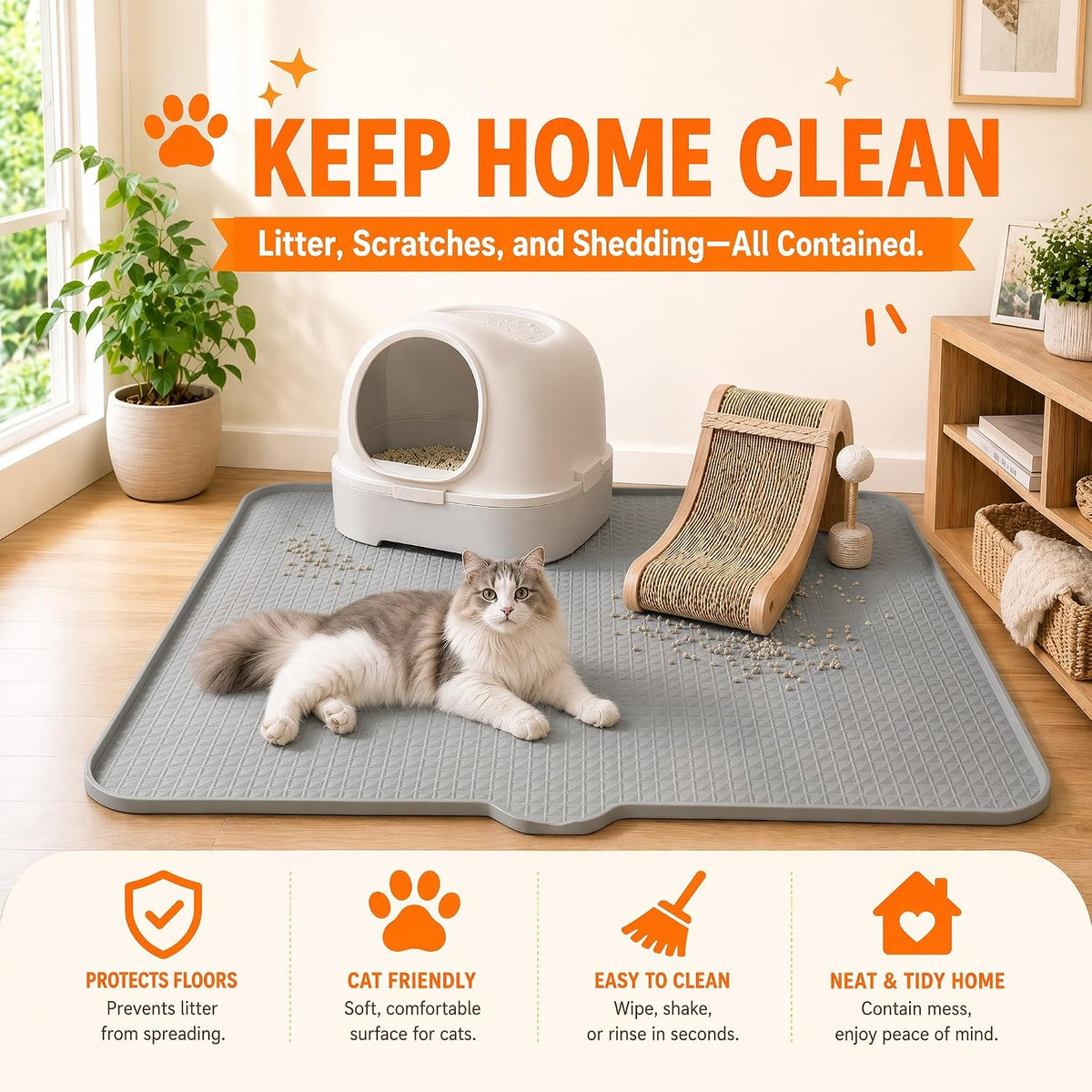 Cat Litter Mat, XL 40"x28" Silicone Litter Box Mat, Tilted Drain Spout | Litter Mat Fit 1-2 Boxes, Extra Wide Kitty Litter Mat, Waterproof Urine Proof, Non-Slip, Easy to Clean, High Edge