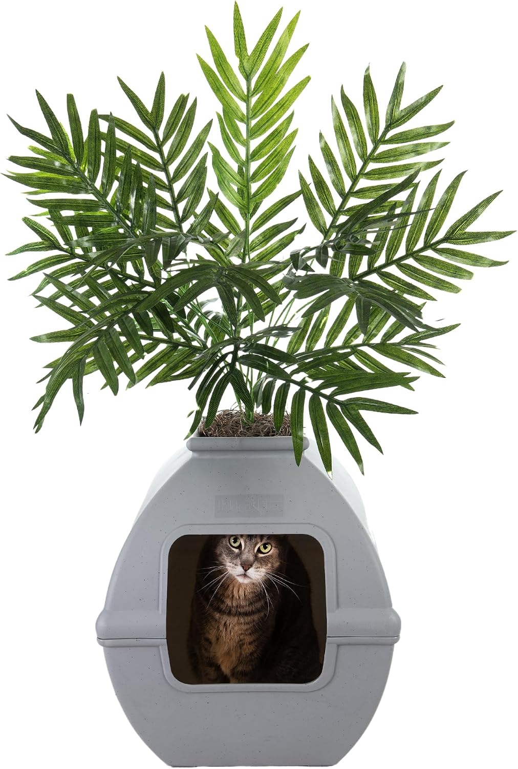 Good Pet Stuff Courtyard Hidden Litter Box Planter, Decorative Cat Litter Enclosure with Carbon Filter, Artificial Palm Plant, Square Design, Easy to Clean, Base Kit, Stone Gray