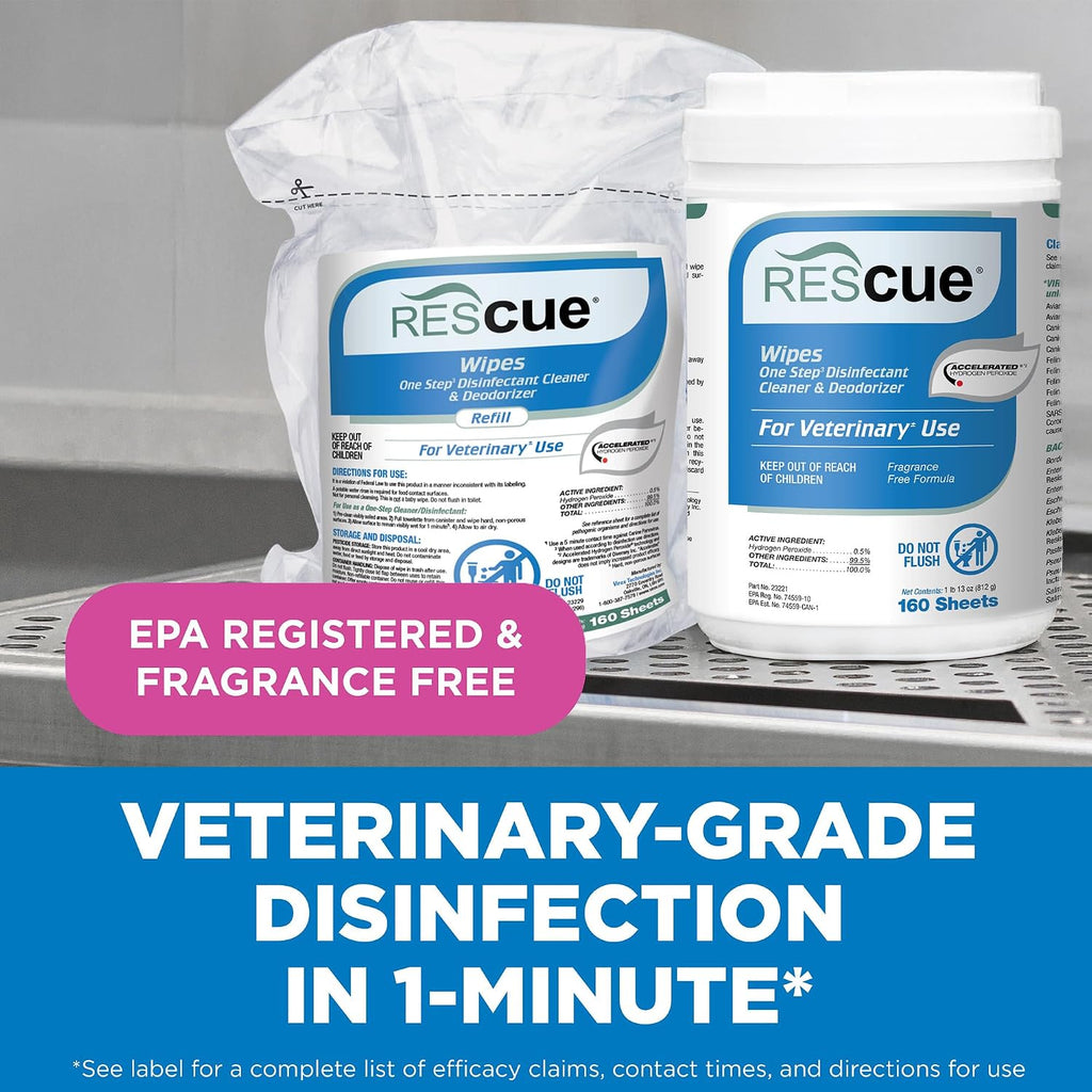 REScue One-Step Disinfectant Cleaner & Deodorizer Wipes for Vet Use – Cleaner for Kennels, Litter Boxes, Vet Offices, Pet Grooming Surfaces, Pet Boarding – Wipes Canister Refill, 160 Count (6 Pack)