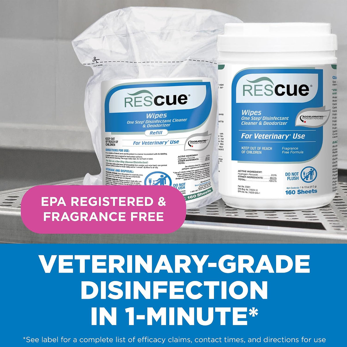 REScue One-Step Disinfectant Cleaner & Deodorizer Wipes for Vet Use – Cleaner for Kennels, Litter Boxes, Vet Offices, Pet Grooming Surfaces, Pet Boarding – Wipes Canister Refill, 160 Count (6 Pack)
