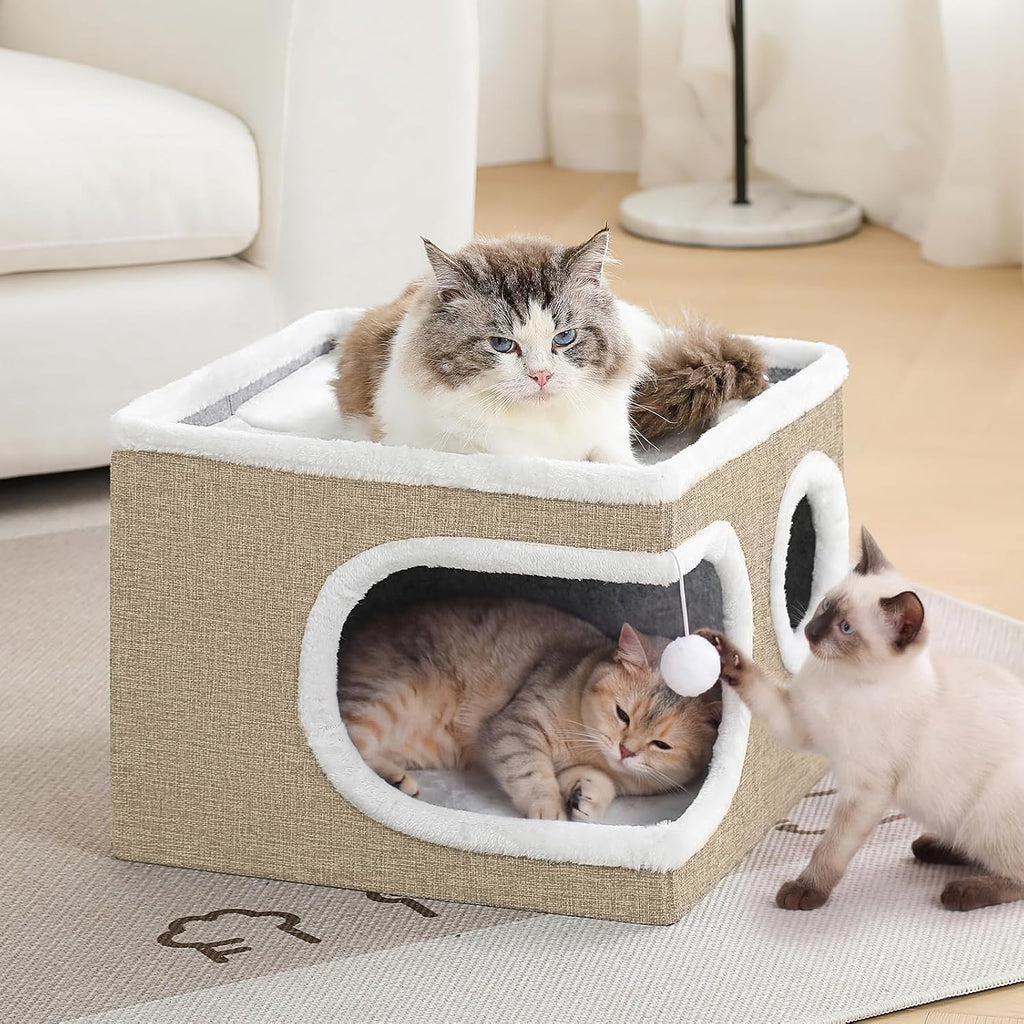Cat Houses for Indoor Cats, Large Covered Cat Bed Cave,Khaki‌,16in