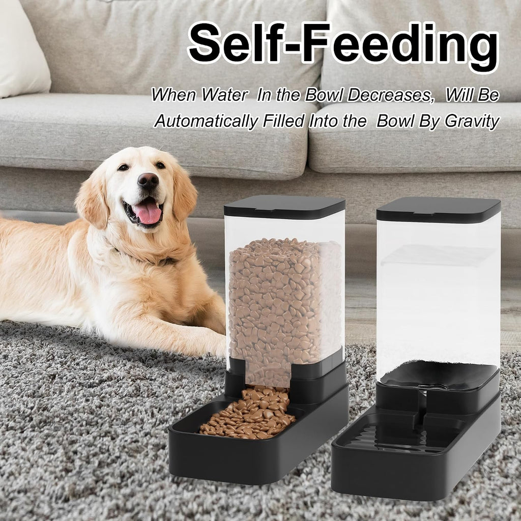 Automatic Cat Feeder and Water Dispenser in Set with Pet Food Bowl,Gravity Dog Waterer and Food Feeder for Small Medium Dog Cat Puppy Kitten Large Capacity(3.8L,Black)