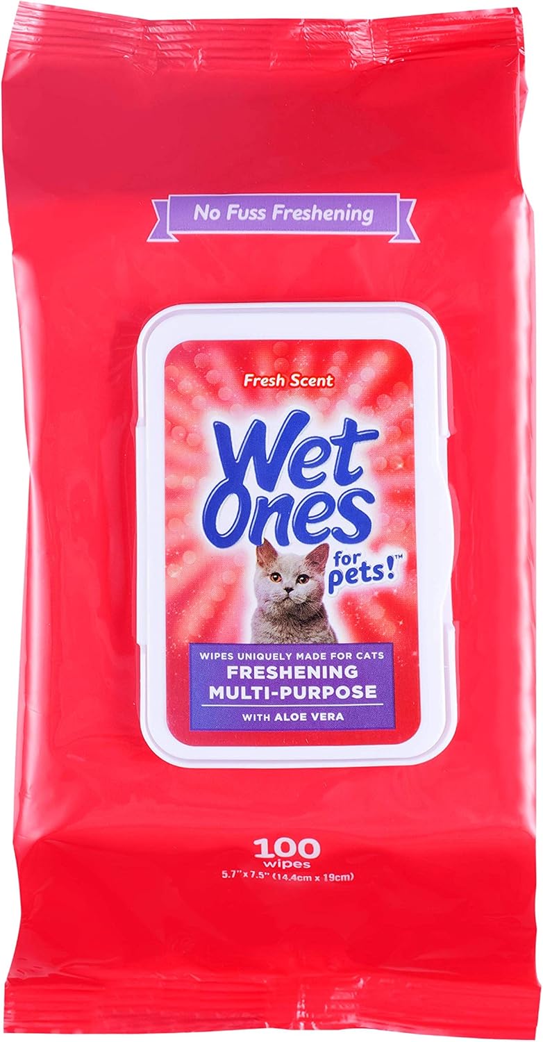 Wet Ones for Pets Freshening Multipurpose Cat Wipes, Fresh Scent, 100 Count | Aloe vera formula, moisture-lock seal keeps cloths clean, suitable for daily grooming between baths 