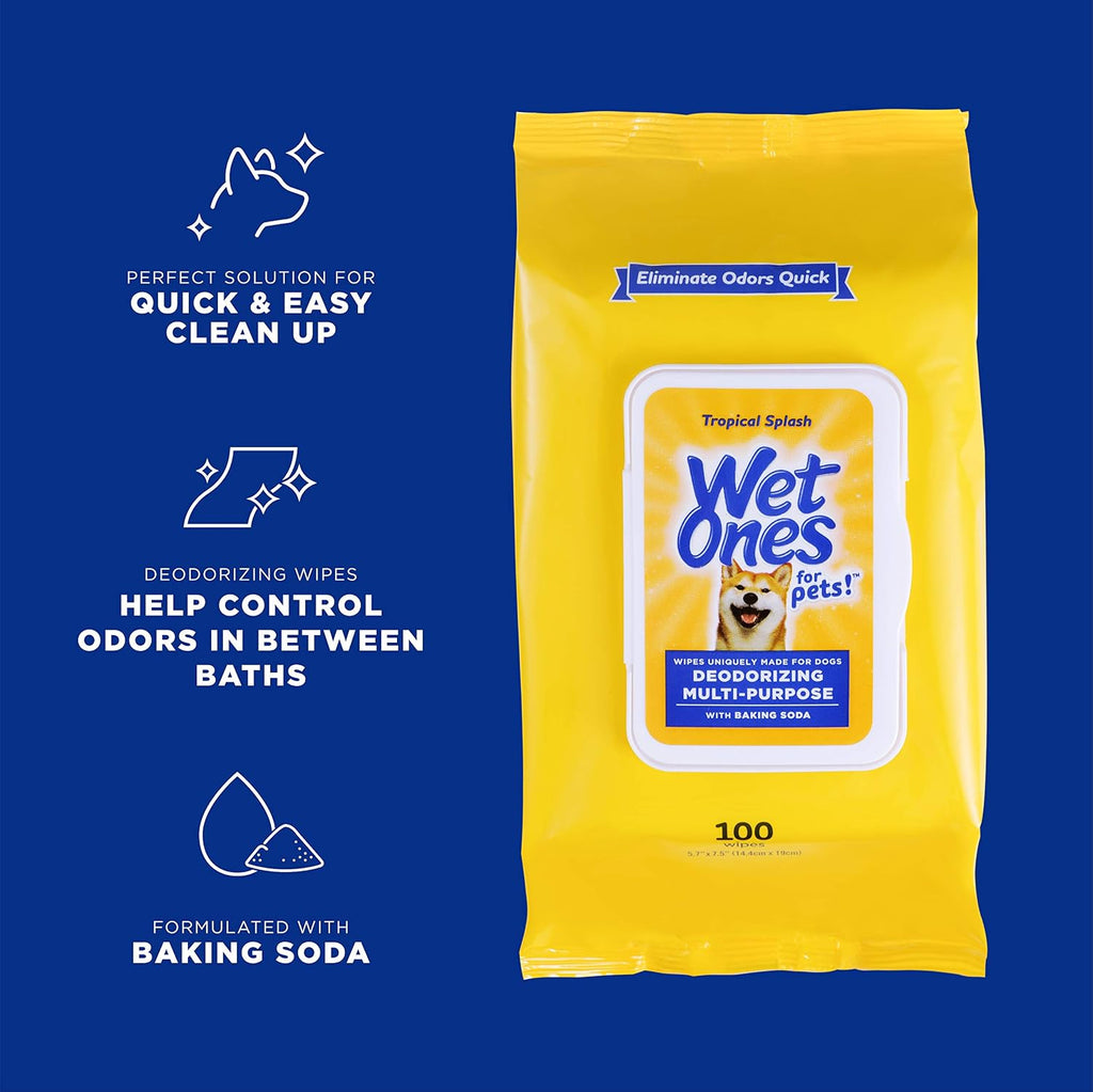 Wet Ones for Pets Deodorizing Dog Wipes, Tropical Splash, 100 Count | Baking soda formula, moisture-lock seal keeps cloths fresh, suitable for daily grooming between baths 