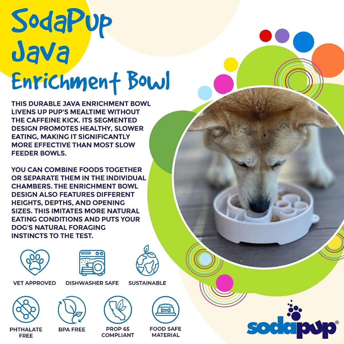 SodaPup Java Enrichment Bowl – Durable Enrichment Feeder Made in USA from Non-Toxic, Pet-Safe, Food Safe Material for Mental Stimulation, Slowing Down Eating, Healthy Digestion, & More